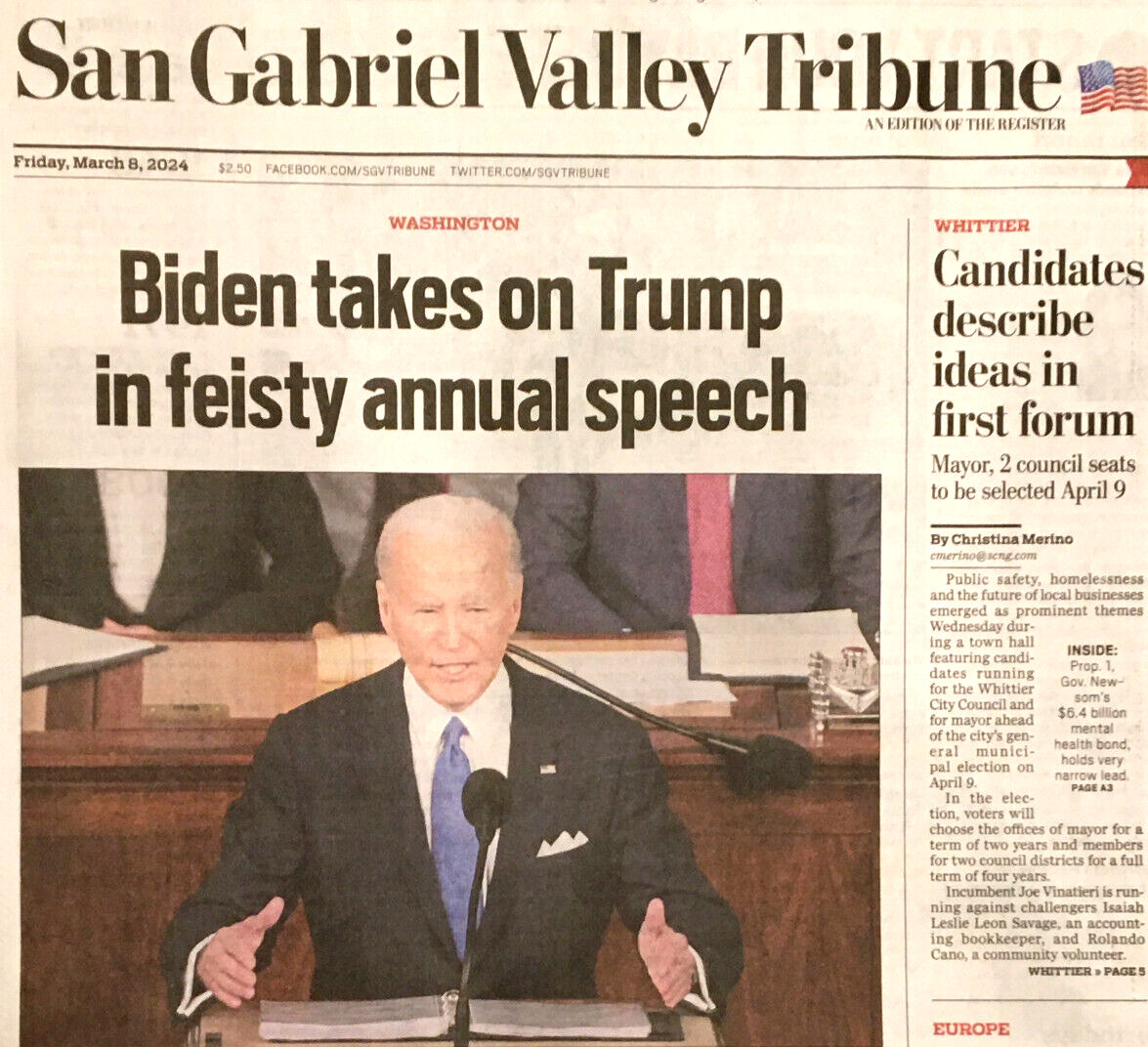 SAN GABRIEL VALLEY TRIBUNE NEWSPAPER March 8, 2024 BIDEN TAKES ON TRUMP Chargers