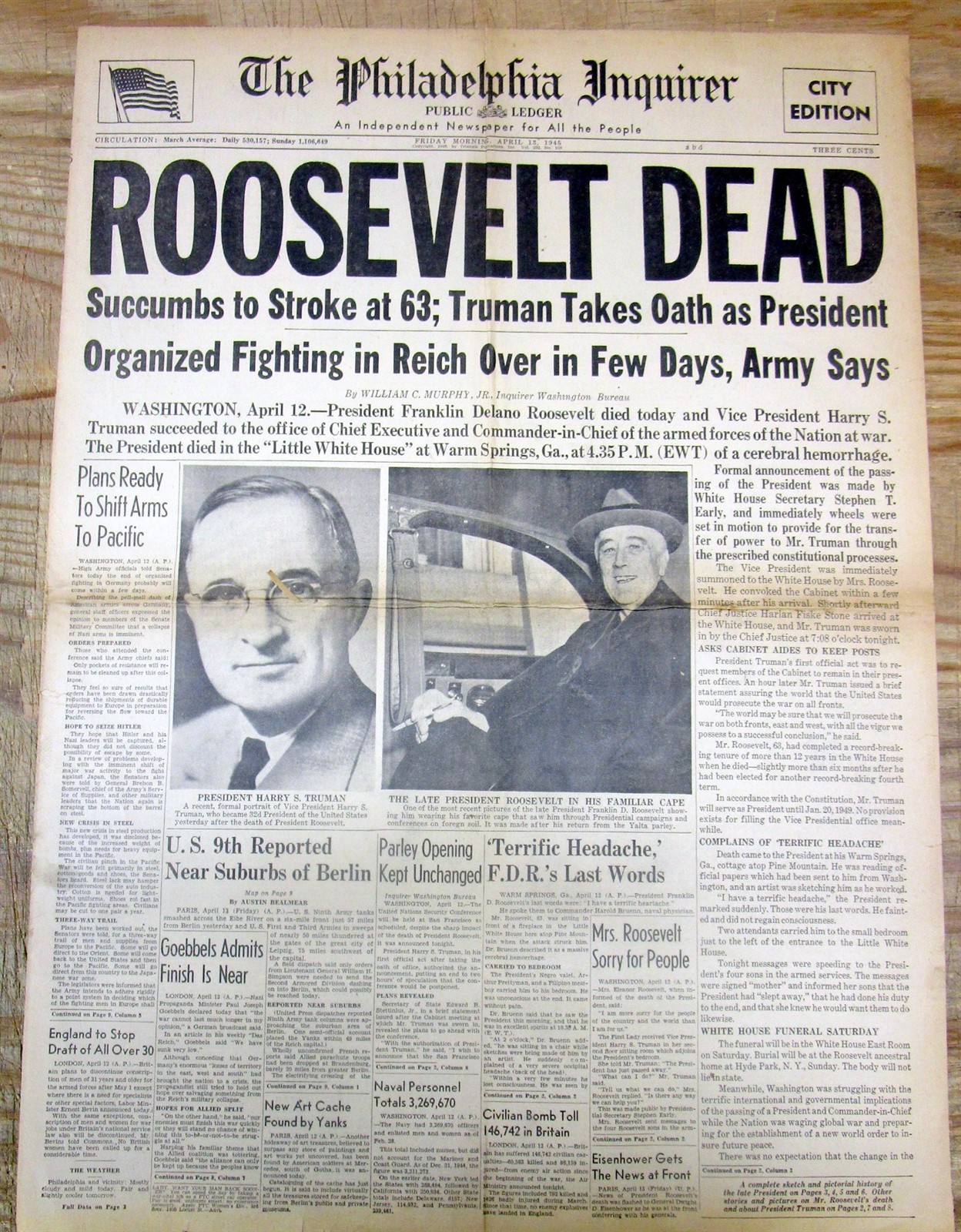 1945 Philadelphia newspaper with SUDDEN DEATH of PRESIDENT FRANKLIN D ROOSEVELT