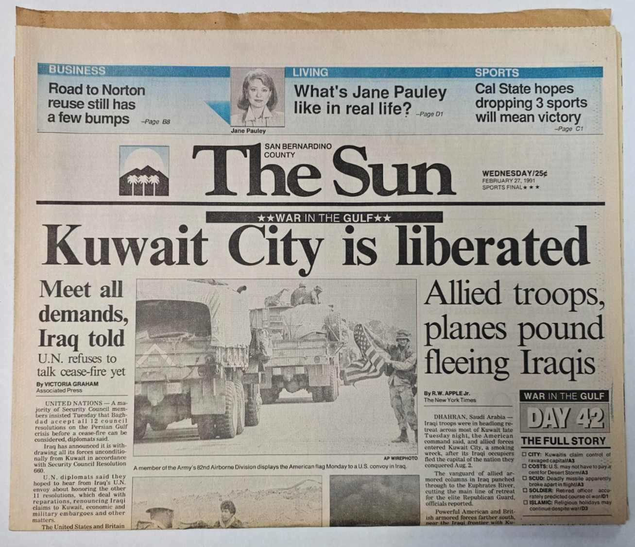 Desert Storm Iraq War Kuwait Newspaper February 27 , 1991 San Bernardino Sun