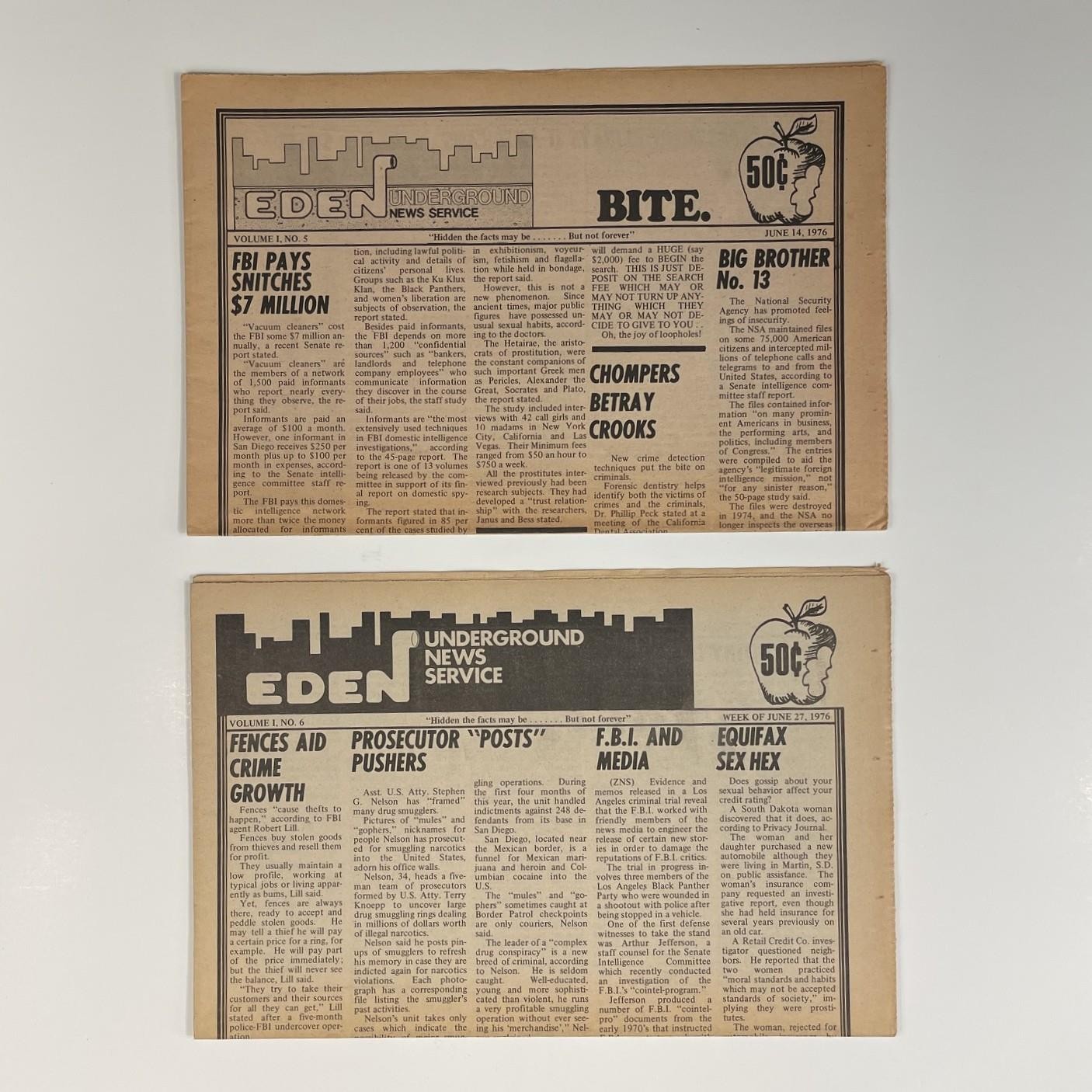 EDEN UNDERGROUND NEWS SERVICE 1976 14 Issues Barry Reid Lost Leftist Newspaper