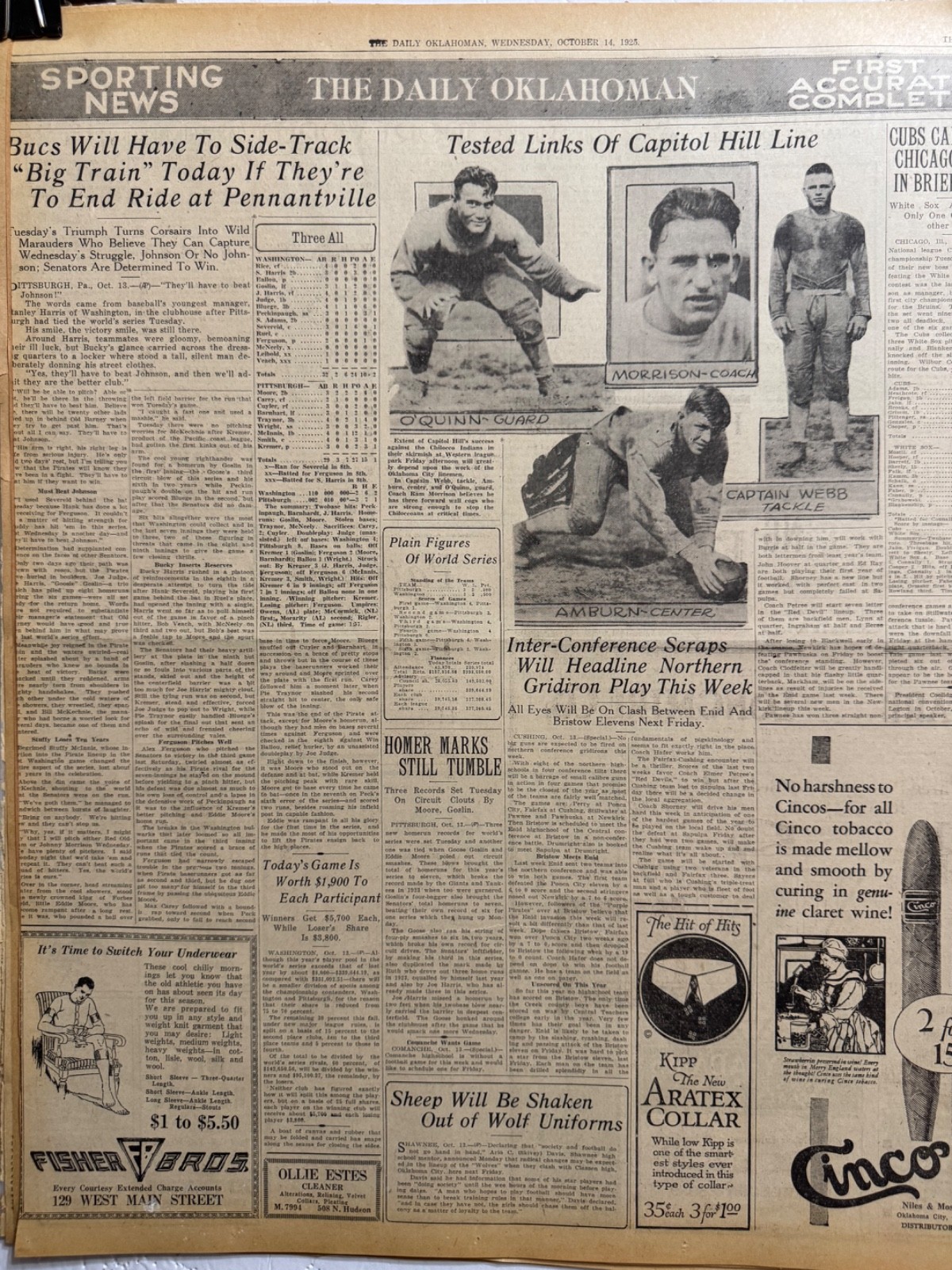 1925 CAPITOL HILL HIGHSCHOOL FOOTBALL PLAYERS OKLA. CITY NEWSPAPER PAGE