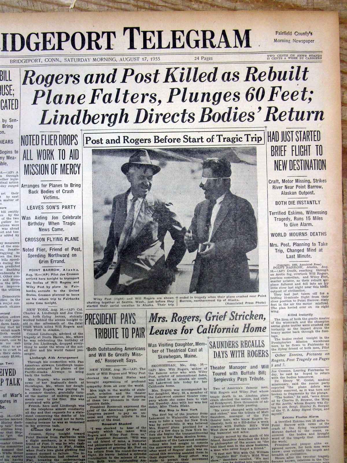 1935 newspaper WILL ROGERS & WILEY POST DIE in Alaska AVATION air plane CRASH