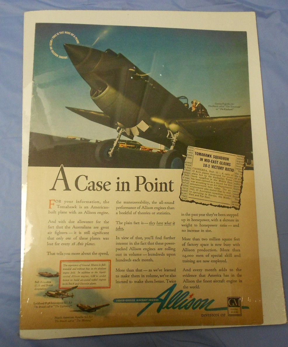 1940’s WW 2 II Allison Curtiss P-40 Tomahawk War Ad Full Page Color 8.5×11.5″