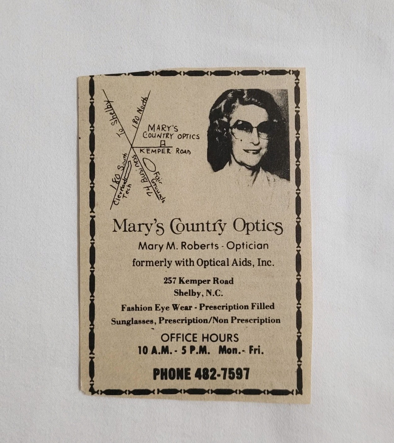 Vintage Mary’s Country Optics Shelby North Carolina Newspaper Advertisement