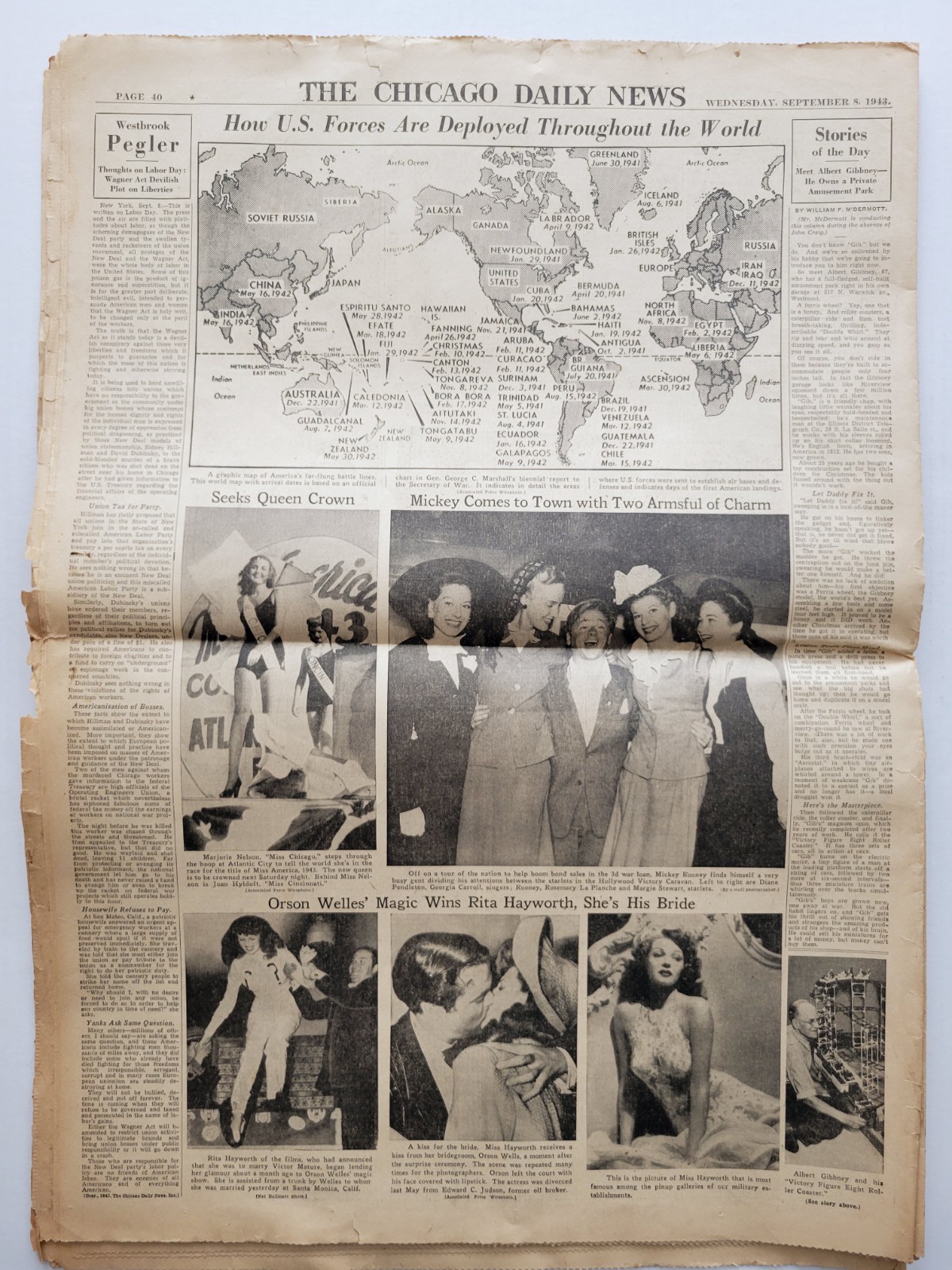 1943 Sep 8: World War II ITALY GIVES UP Chicago Daily News + ORSON Weds HAYWORTH