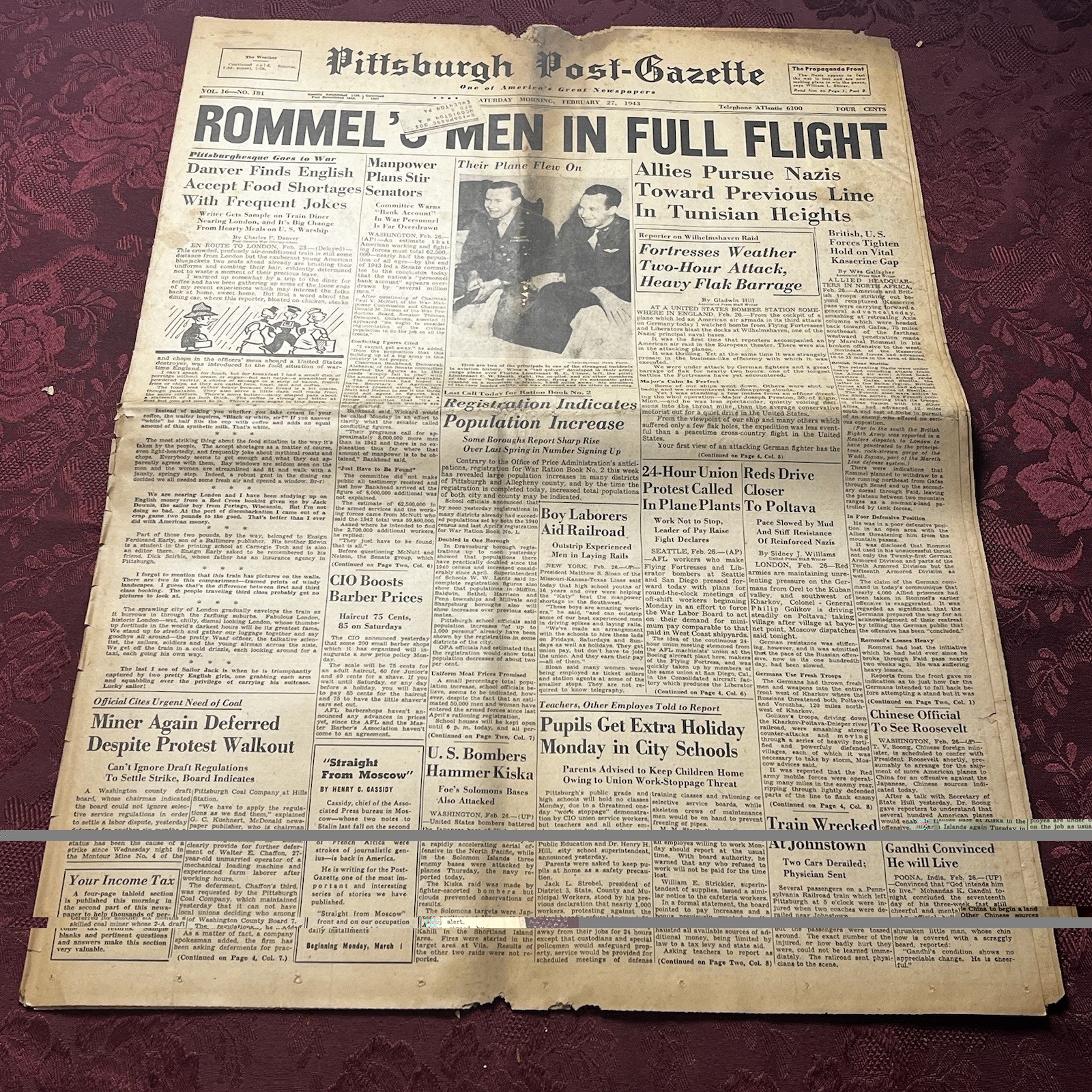 Vintage Pittsburgh Post-Gazette Newspaper 2-27-1943- Rommel’s Men In Full…