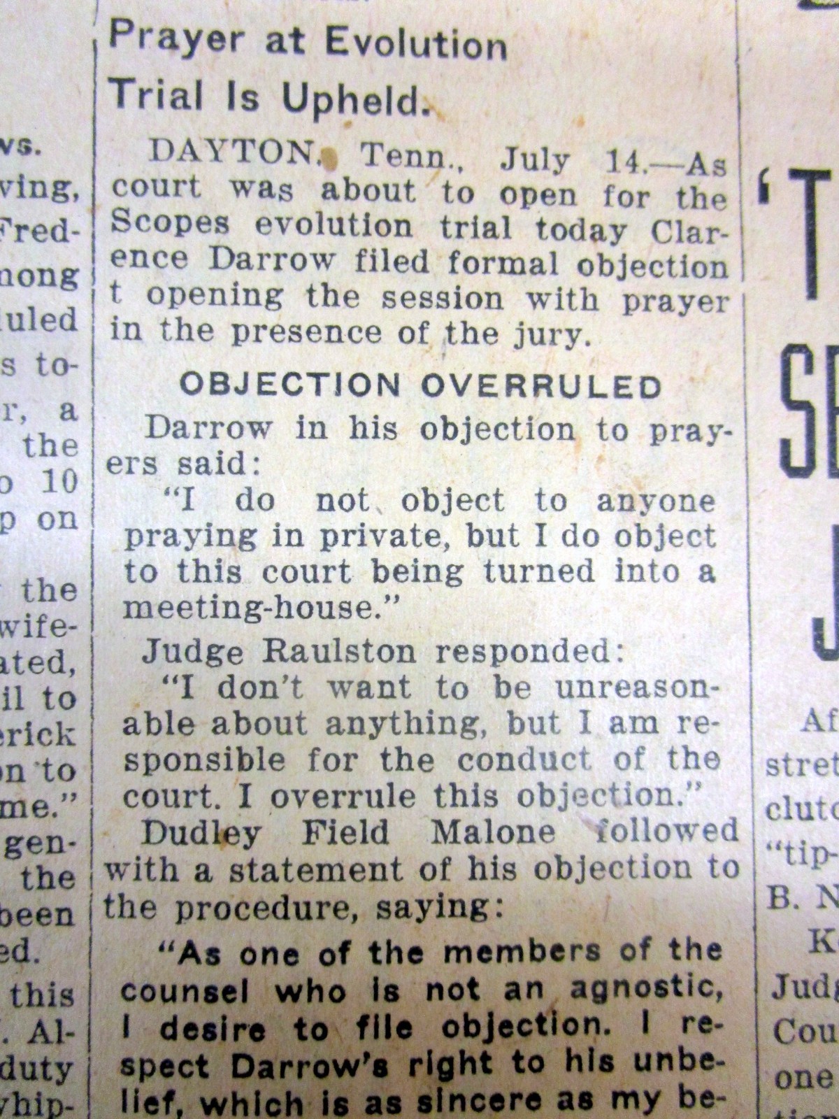 1925 newspaper SCOPES “Monkey” TRIAL in Dayton TENNESSEE on THEORY OF EVOLUTION