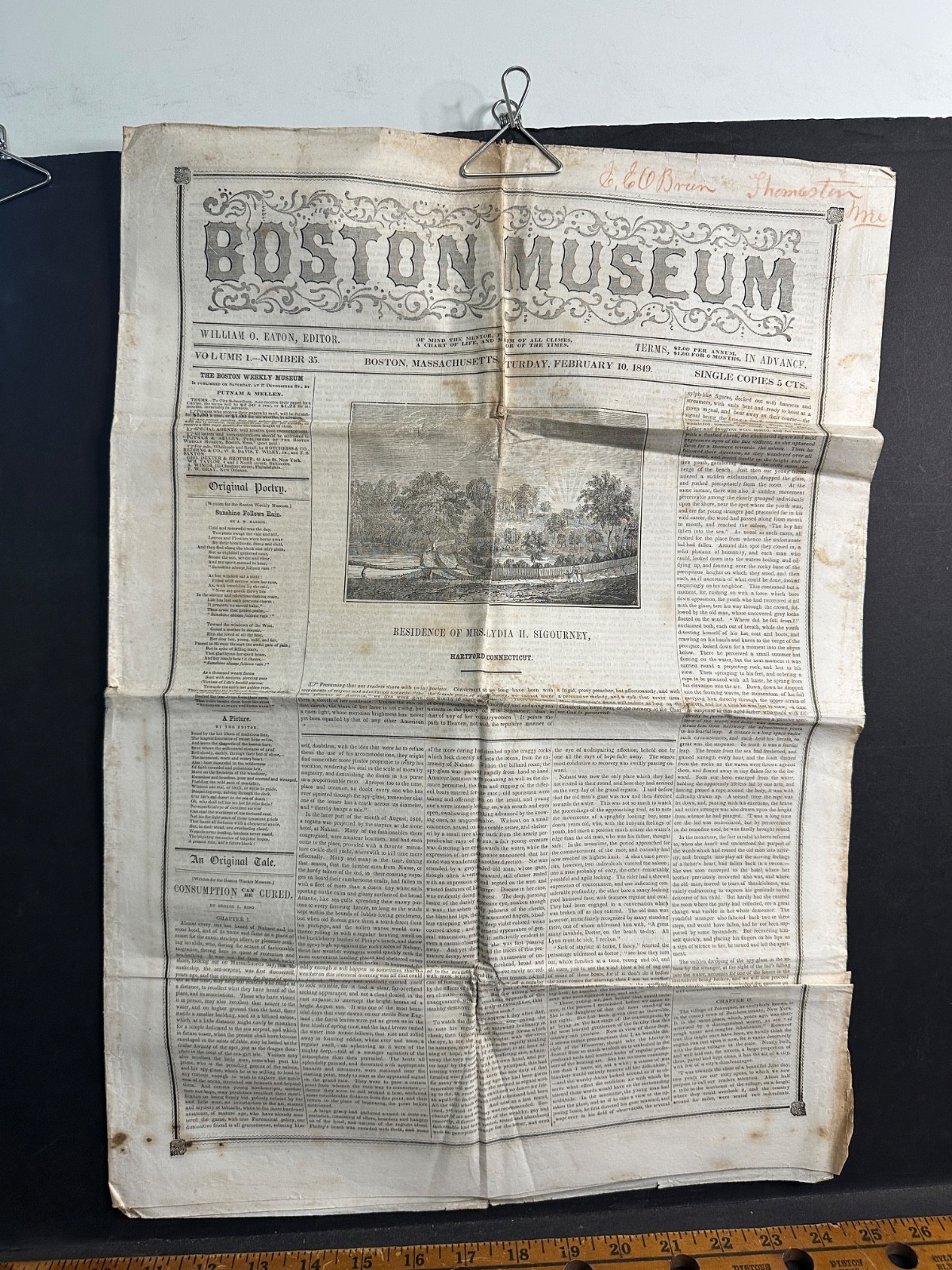 BOSTON MUSEUM NEWSPAPER Feb. 10, 1849, Residence L. Sigourney, Hartford CT MA #1