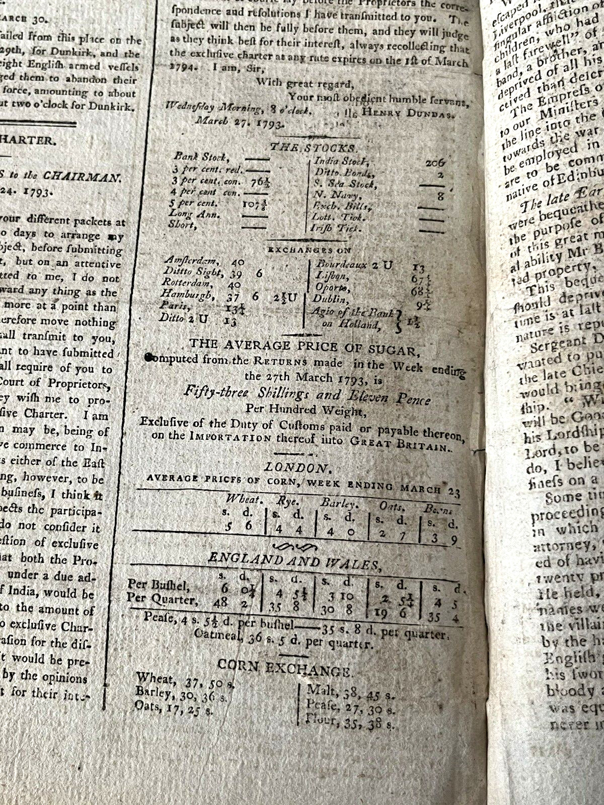 OLD NEWSPAPER FROM 1700s – Stock Prices, Historical Events, Trade, Economy, Wars