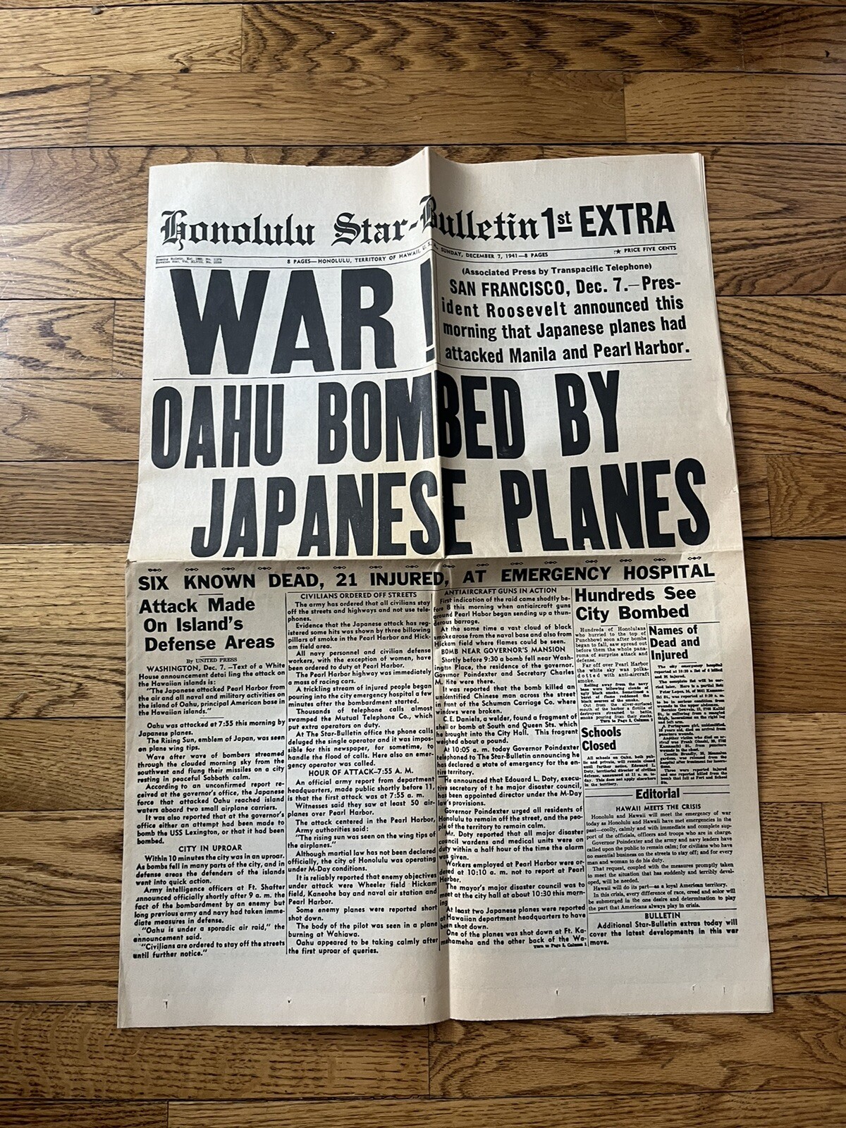 Classic Reproduction War! Oahu Bombed by Japanese Planes WW2 Honolulu Star 1941