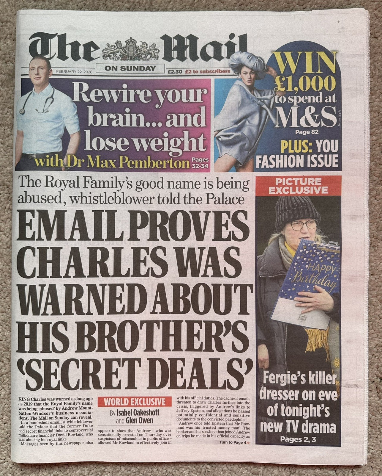 Mail On Sunday 22nd February 2026 22/2/26 King Was Warned & Ireland Beat England