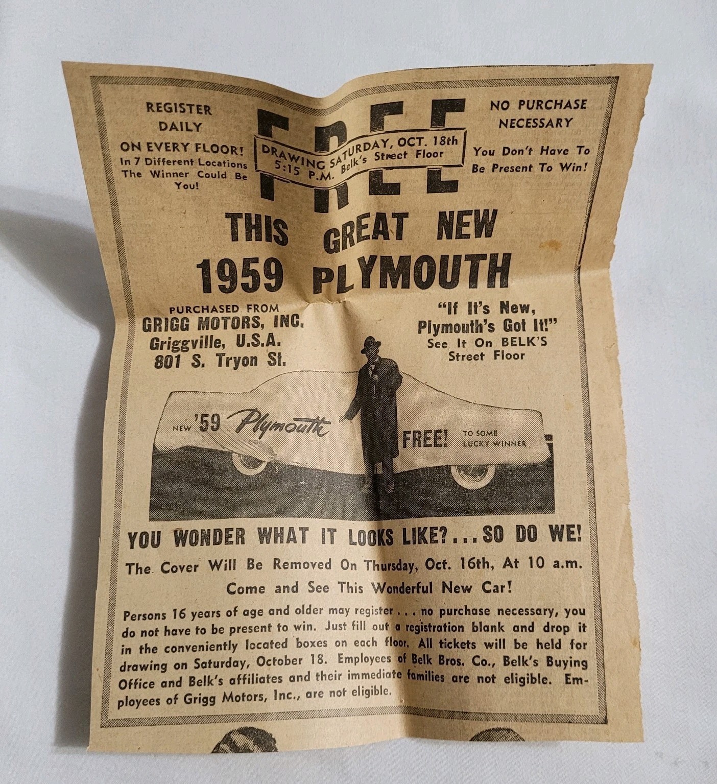 Vintage Belk’s 1959 Plymouth Car Contest Charlotte NC Newspaper Advertisement