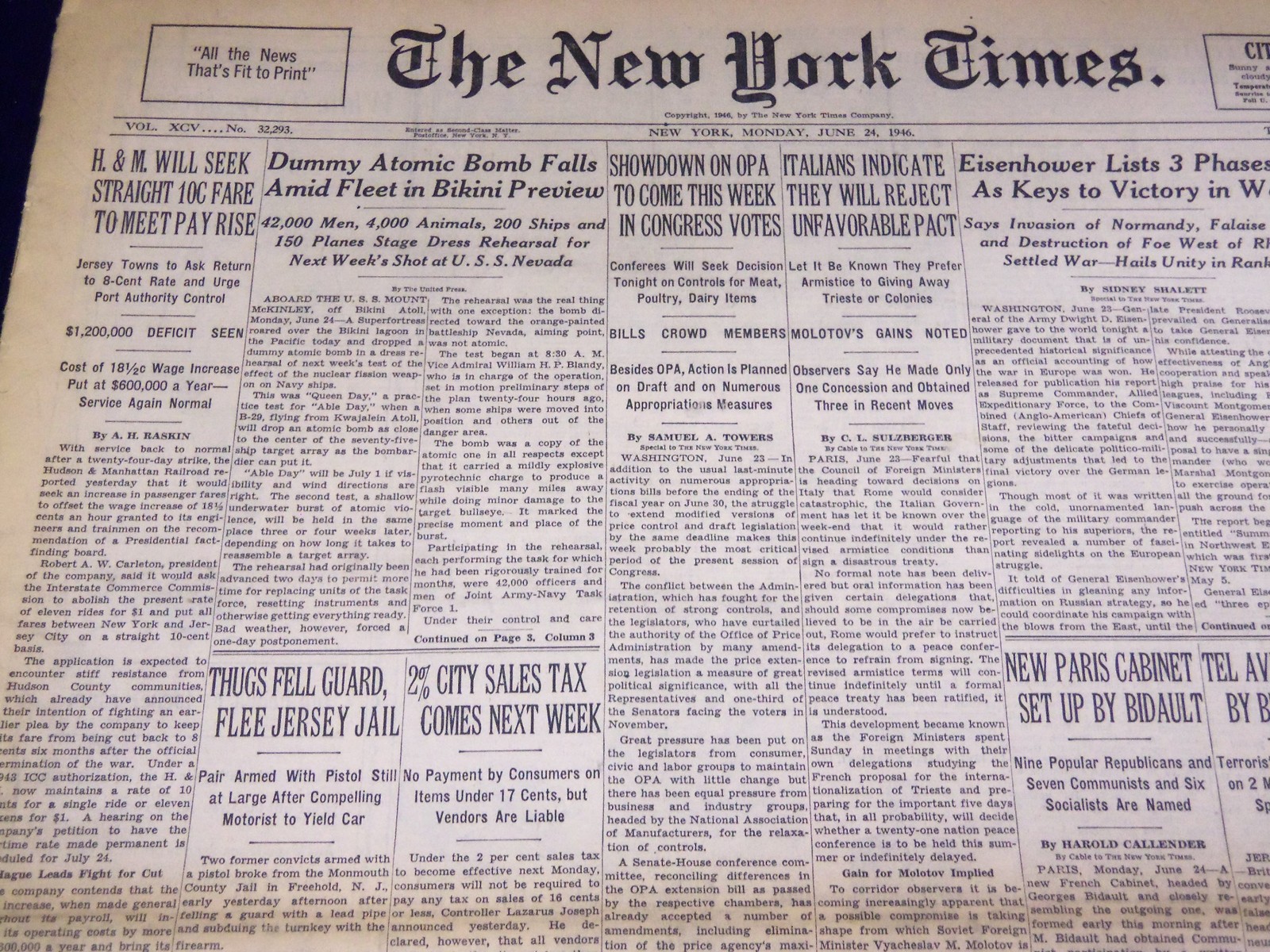 1946 JUNE 24 NEW YORK TIMES – DUMMY ATOMIC BOMB FALLS – NT 3130