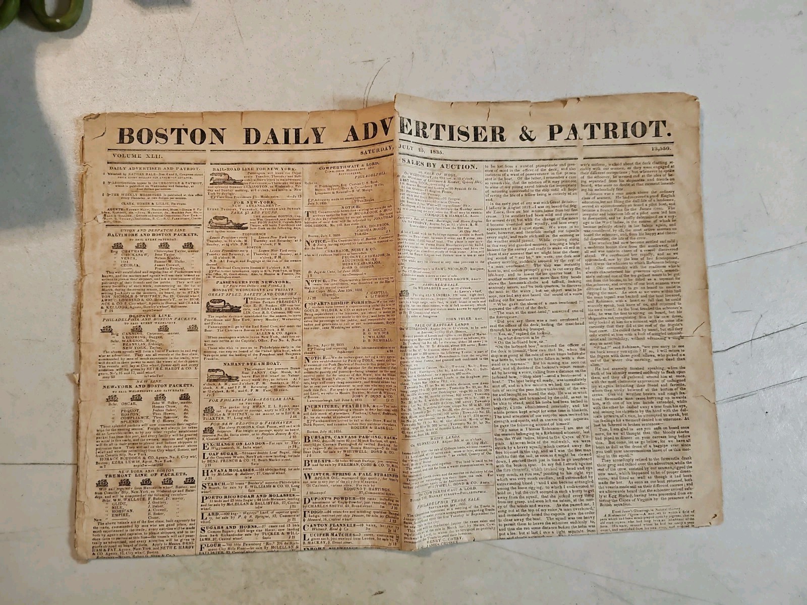 Boston Daily Advertiser & Patriot Newspaper. July 25, 1835. Antique Newspaper