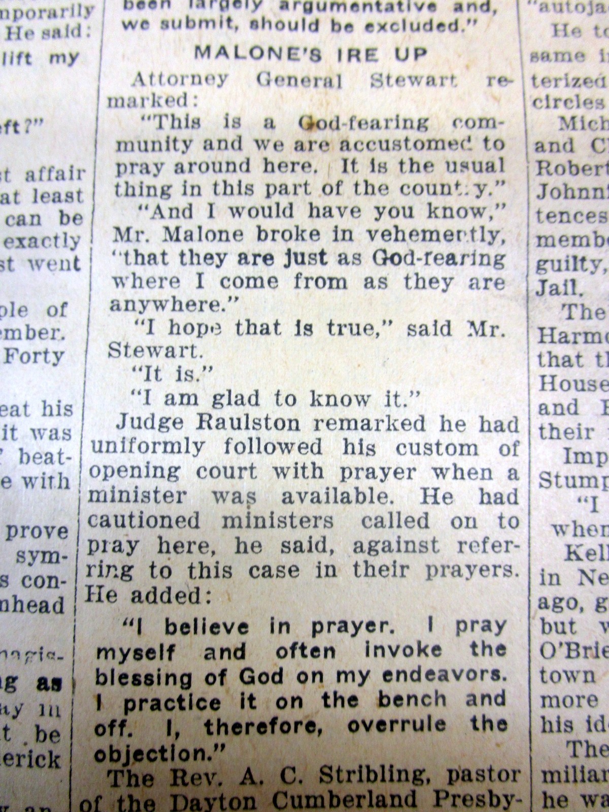 1925 newspaper SCOPES “Monkey” TRIAL in Dayton TENNESSEE on THEORY OF EVOLUTION