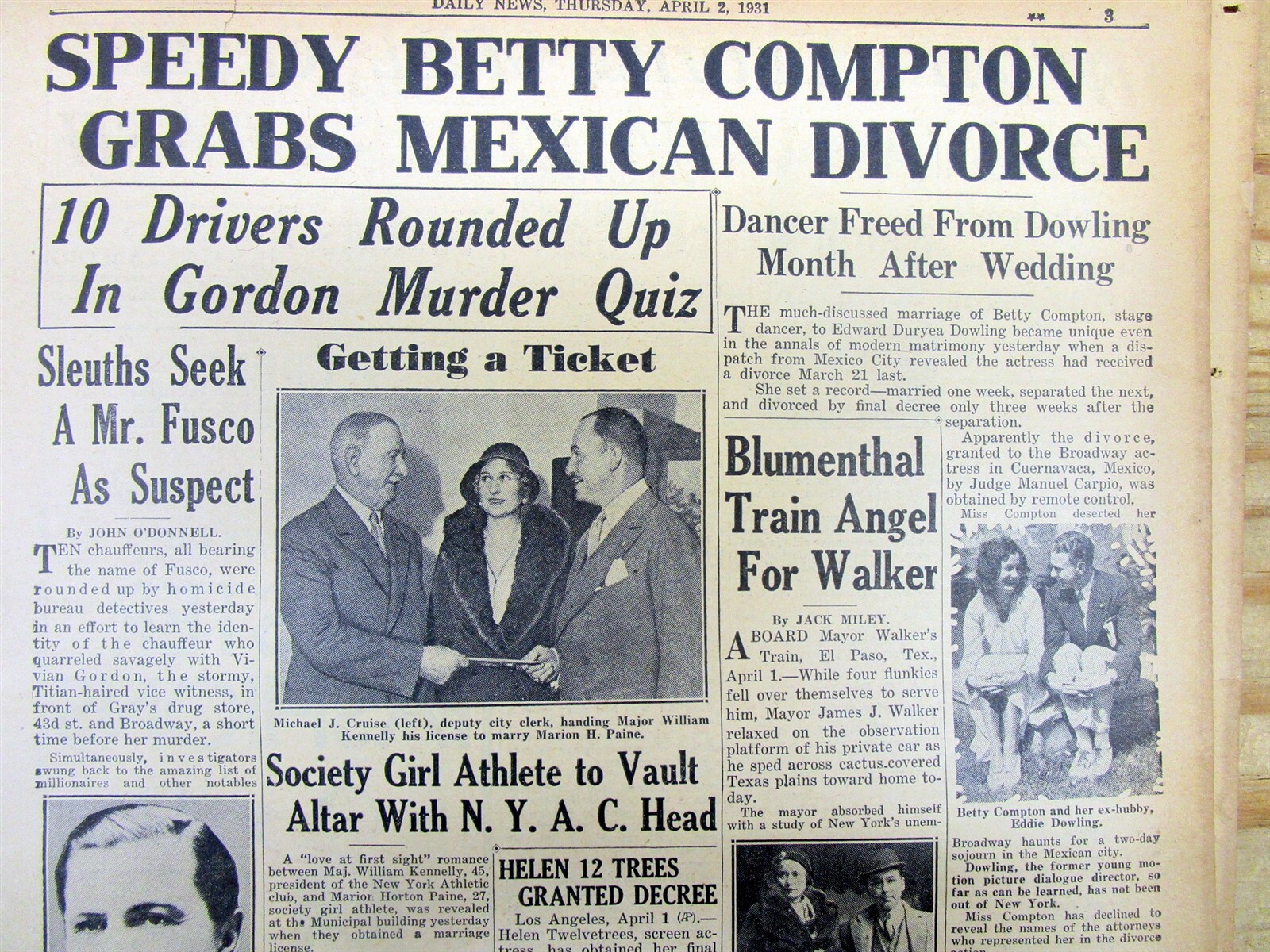 Apr 1931 newspaper Notre Dame football coach KNUTE ROCKNE KILLED in PLANE CRASH