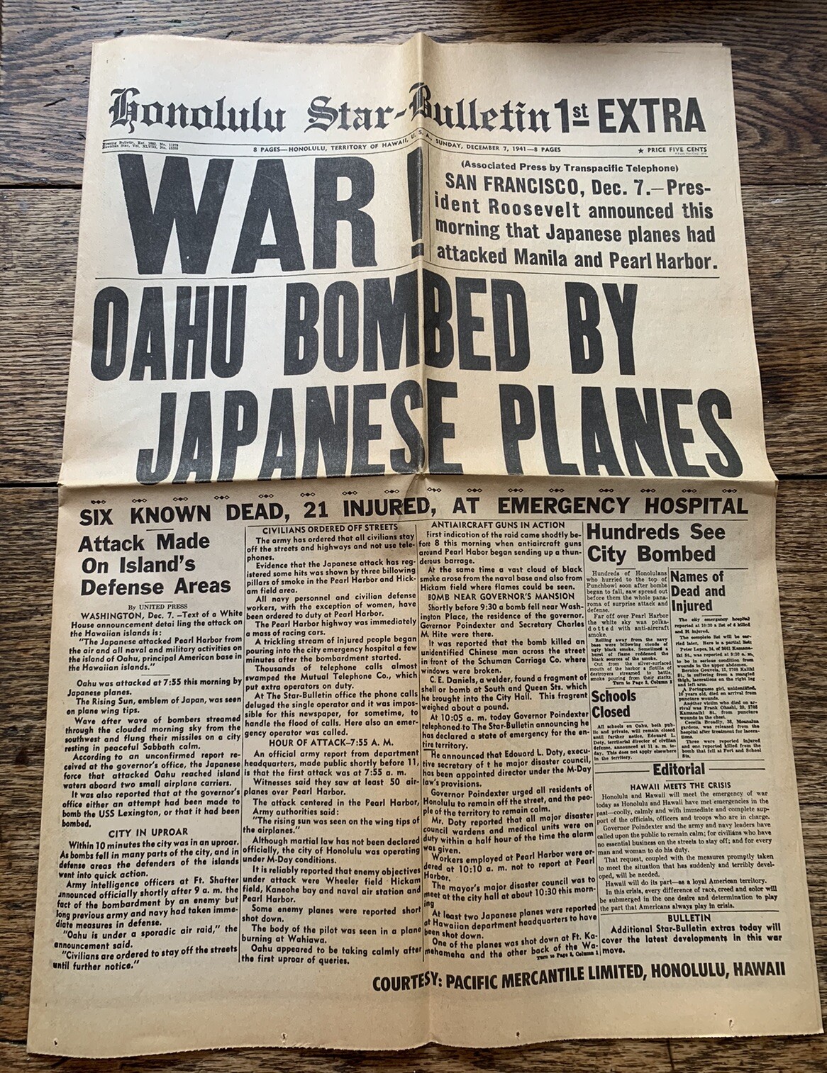 Dec. 7, 1941 Honolulu Star Bulletin War Oahu Bombed Japanese Planes WWII REPRINT