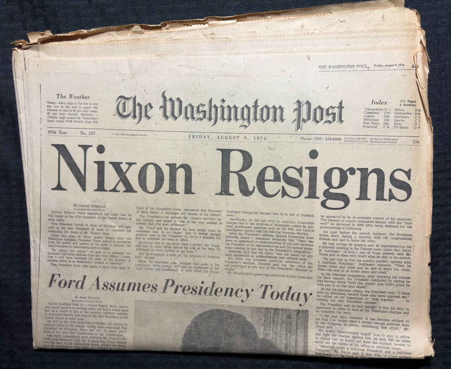 1974 Aug 9 WASHINGTON POST Newspaper VG 4.0 President Nixon Resigns 2 Sections