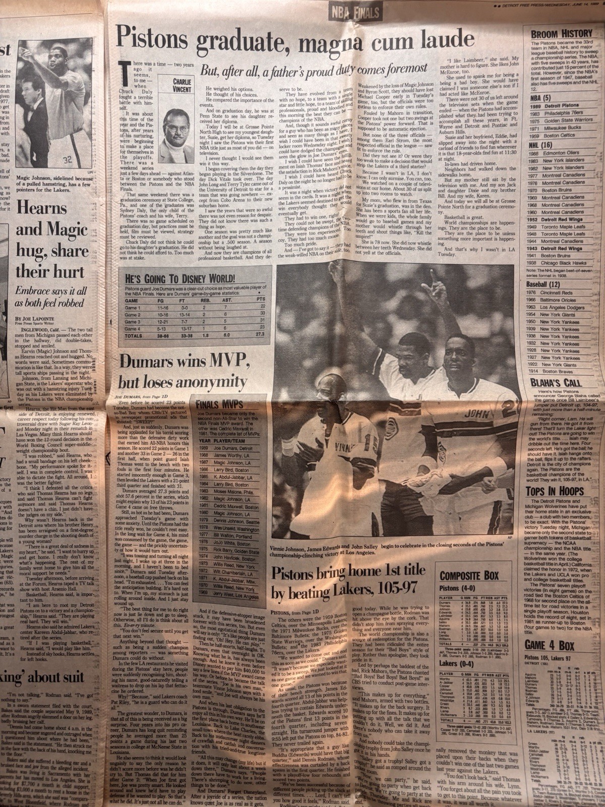Detroit Free Press Sports Section June 14 1989 Detroit Pistons NBA Champs
