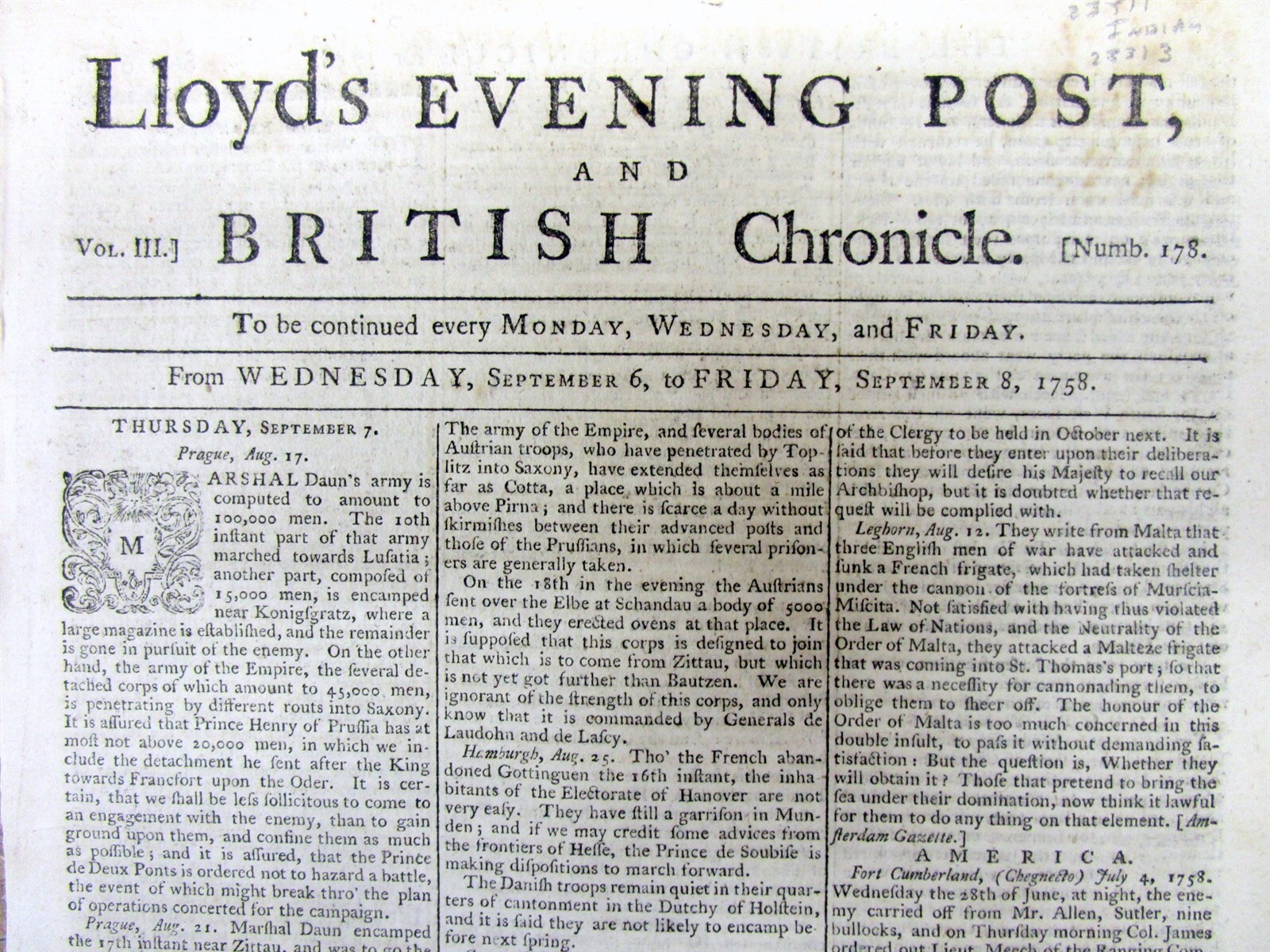 1758 newspaper w Essay on BAD TREATMENT of NATIVE AMERICAN INDIANS byTHE BRITISH