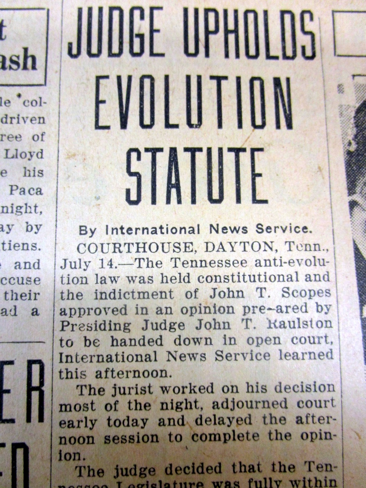 1925 newspaper SCOPES “Monkey” TRIAL in Dayton TENNESSEE on THEORY OF EVOLUTION