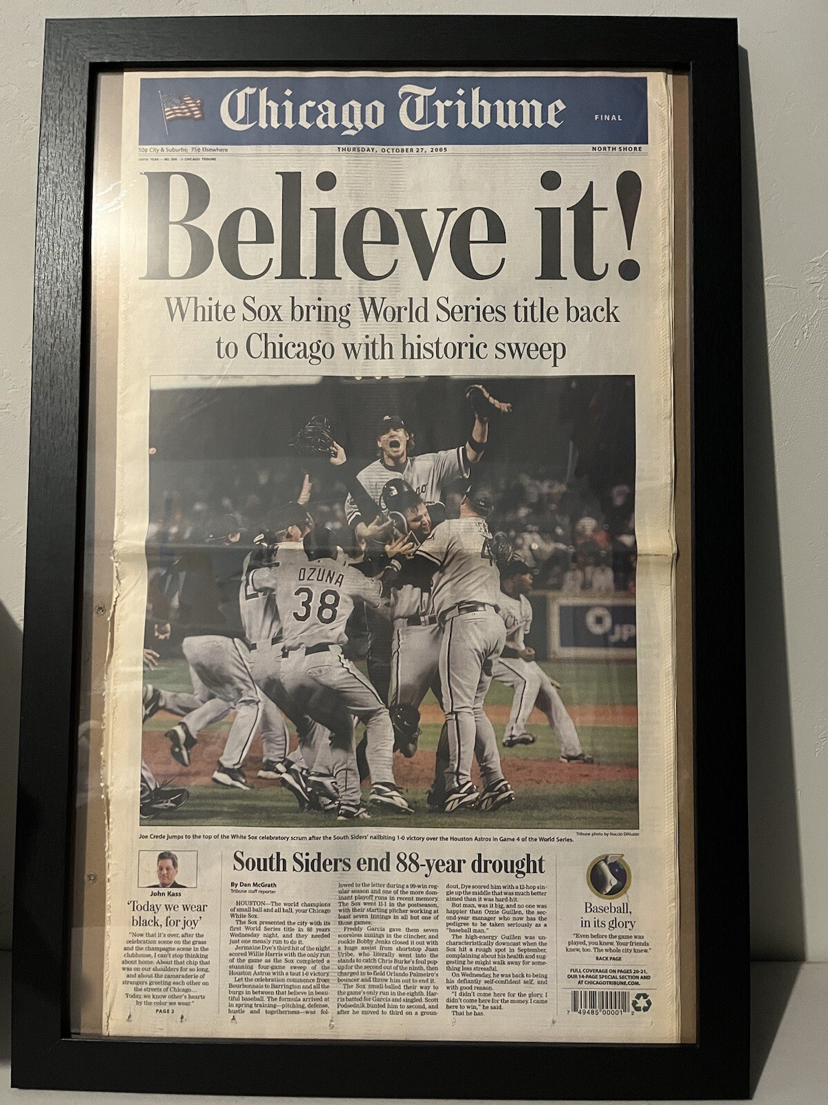 Chicago White Sox World Series Champions Newspaper Framed Chicago Tribune MLB