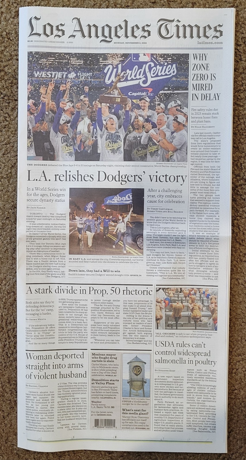Los Angeles Times November 3, 2025 Colectible LA Dodgers MLB World Series Win