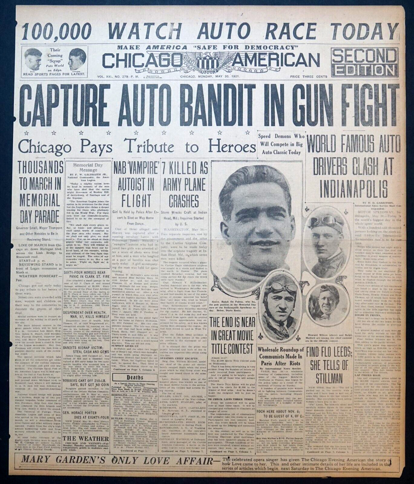 1921 Newspaper Front Page – World’s Famous Auto Drivers at Indianapolis 500 Race