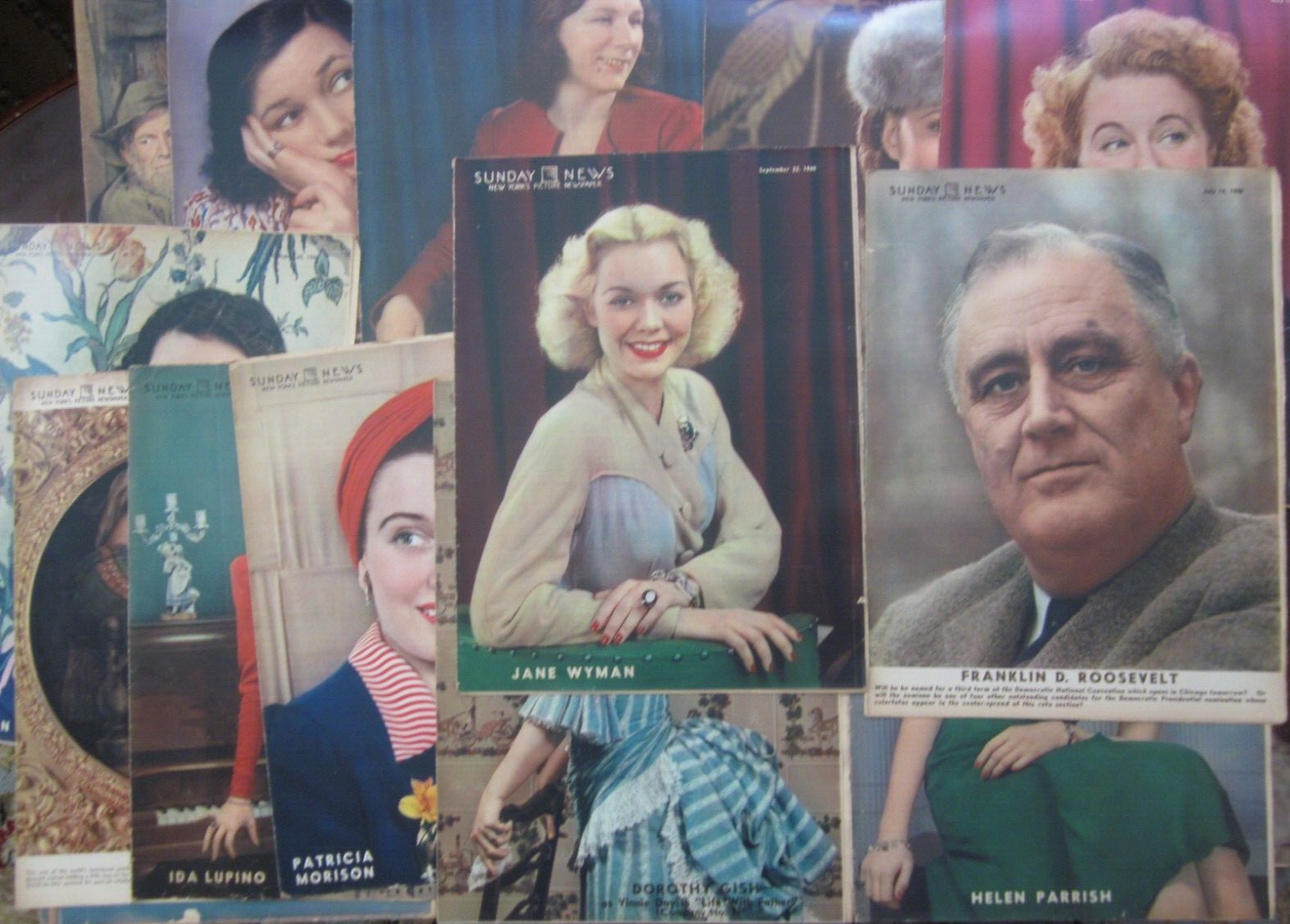 Lot of 14- 1940 NY Daily Sunday News Coloroto – Irene Dunne, FDR, Jane Wyman, ++