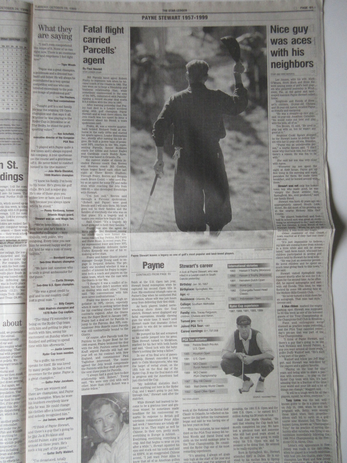 PAYNE STEWART DIES IN PLANE CRASH OCTOBER 26, 1999 THE STAR-LEDGER newspaper