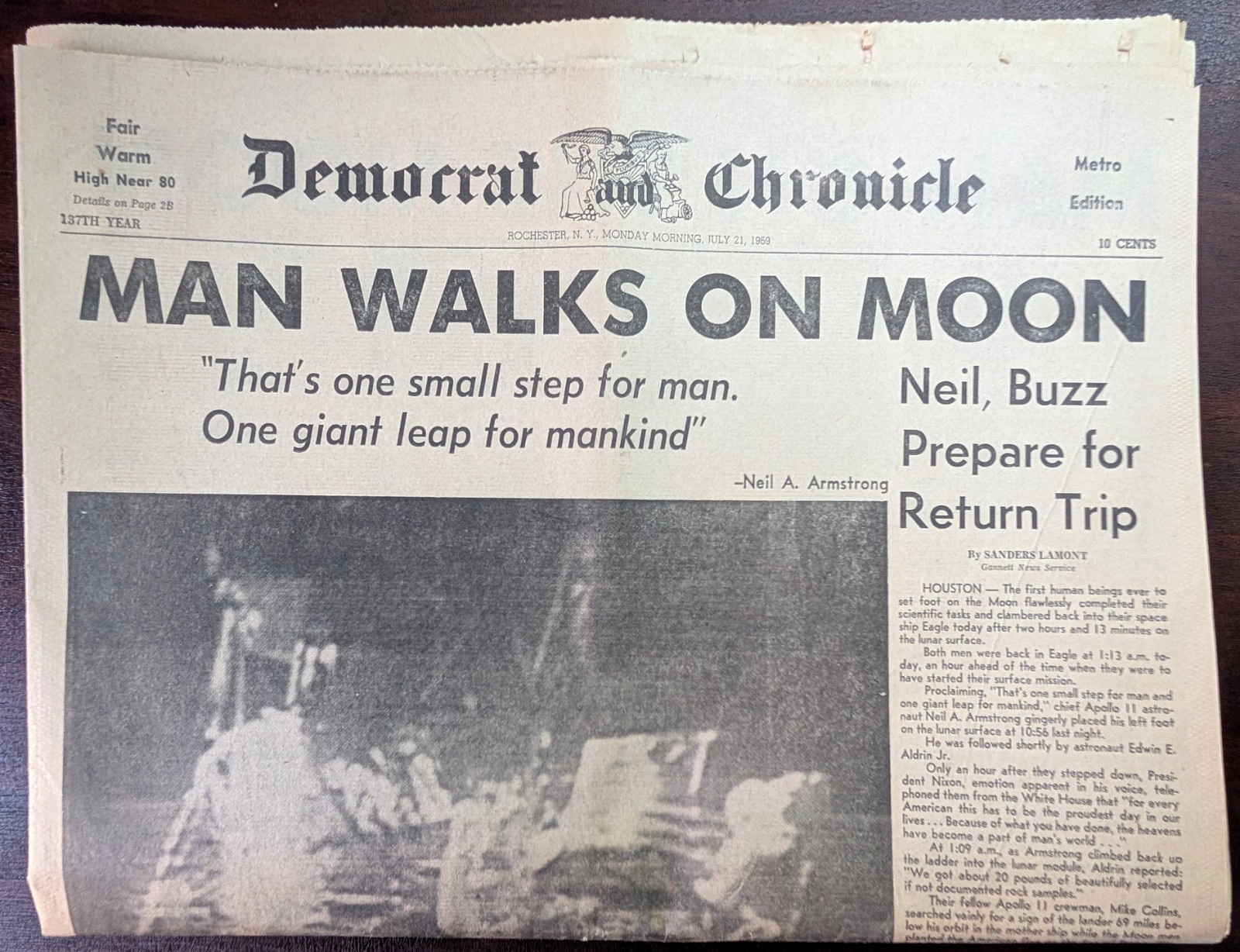 MAN WALKS ON MOON – July 21, 1969, Rochester, NY Democrat & Chronicle, 14 Pages
