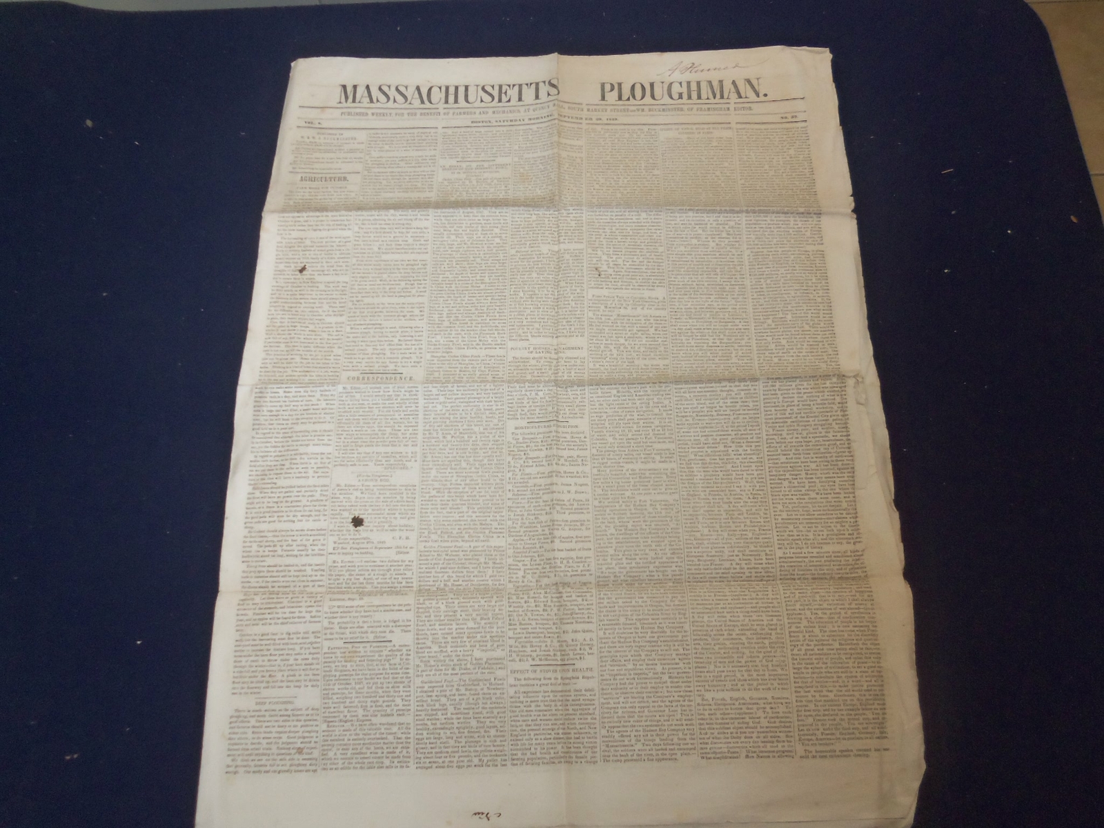 1849 SEPTEMBER 29 MASSACHUSETTS PLOUGHMAN NEWSPAPER- VICTOR HUGO SPEECH- NP 5173