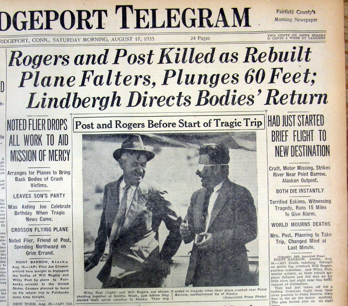 1935 newspaper WILL ROGERS & WILEY POST DIE in Alaska AVATION air plane CRASH