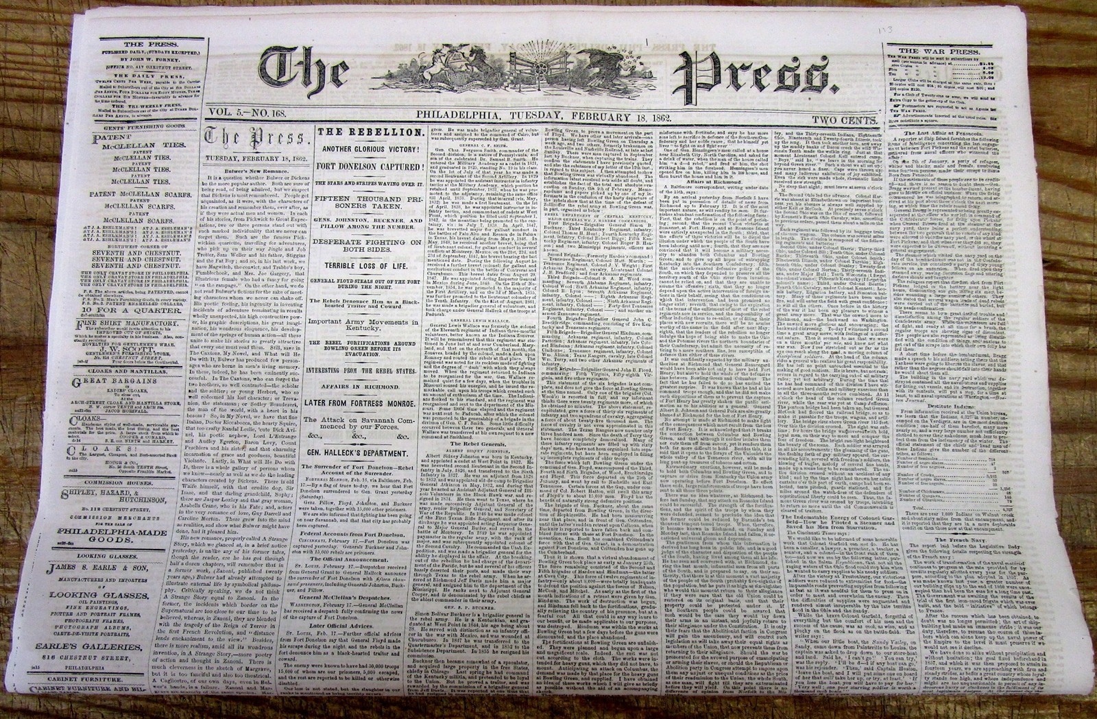 1862 Civil War newspaper US GRANT led UNION ARMY CAPTURES FT DONELSON Tennessee