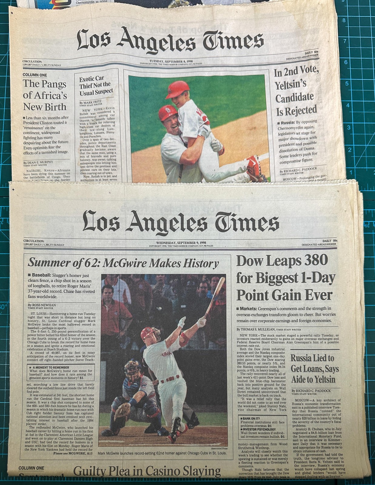 VTG USA Today Los Angeles Times Newspapers Mark McGwire 62 HR 1998 Lot 3 MLB