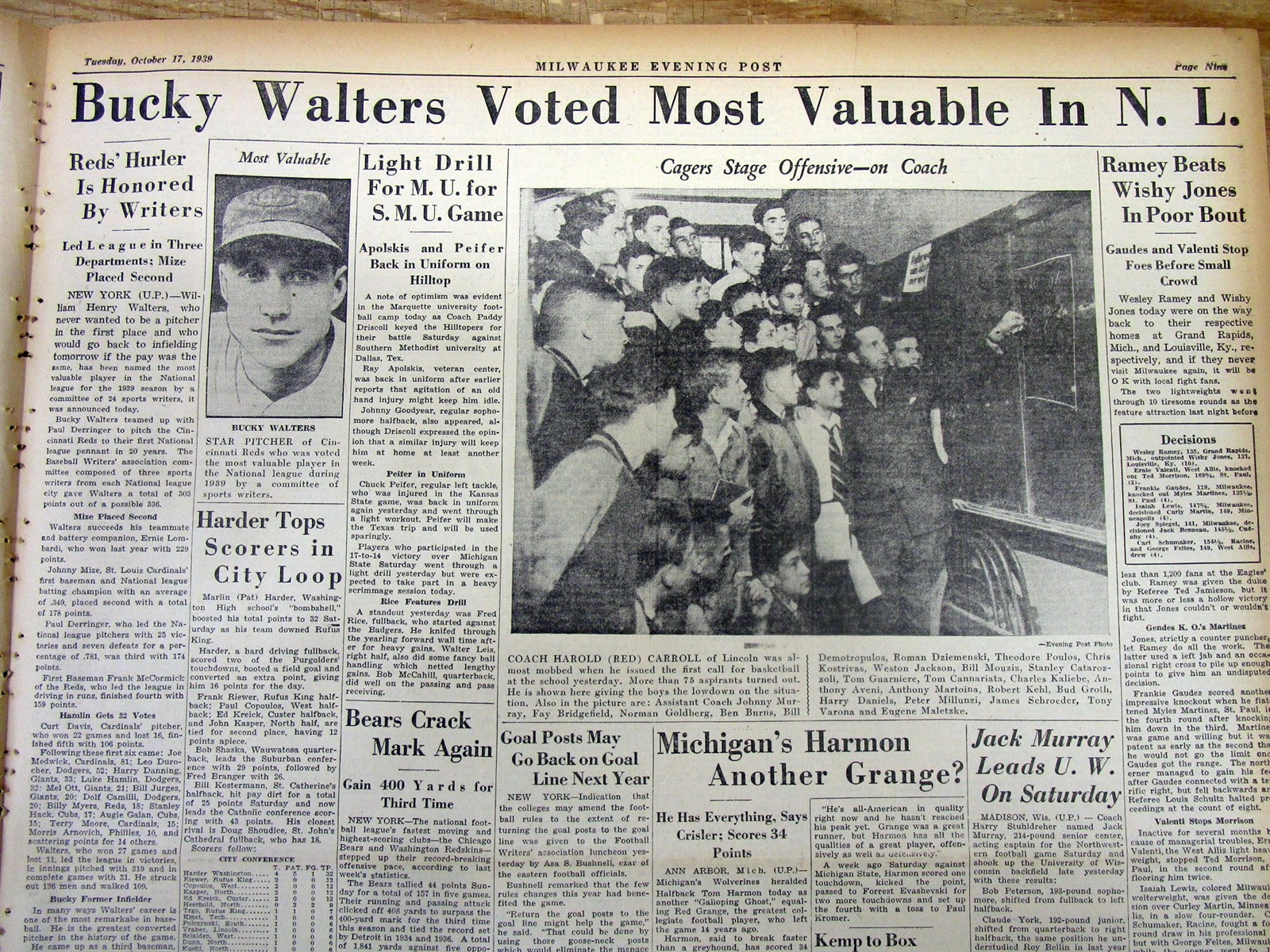 1939 newspaper Cincinnati Reds BUCKY WALTERS named NATIONAL LEAGUE baseball MVP