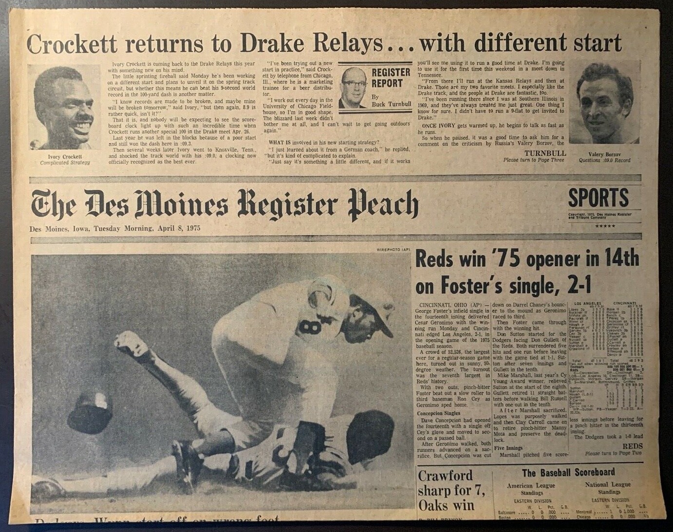Cincinnati Reds beat Dodgers in opener – 4/8/1975 Des Moines Register Sports