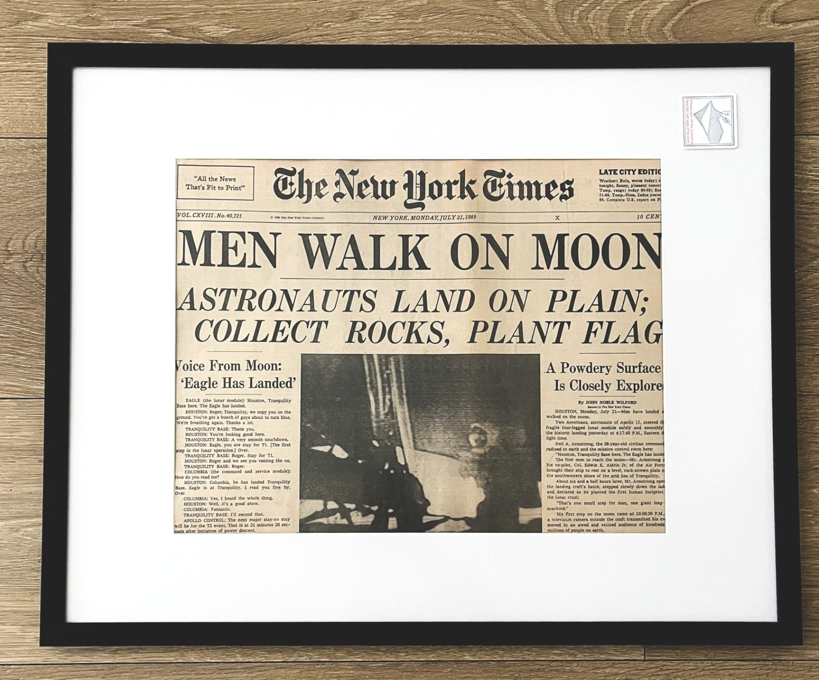Authentic NEW YORK TIMES MEN WALK ON MOON Newspaper From 7/21/69 in Frame!