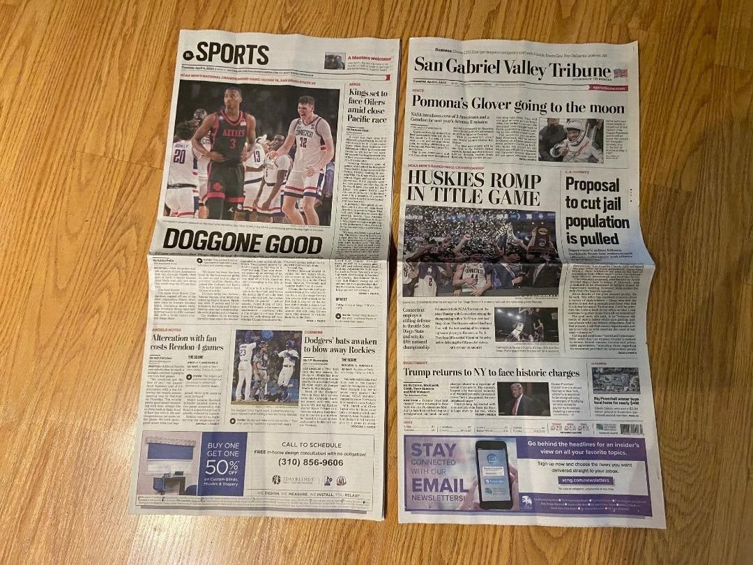 SAN GABRIEL VALLEY TRIBUNE APRIL 4 2023 TRUMP BACK NY FACES CHARGES UCONN CHAMPS