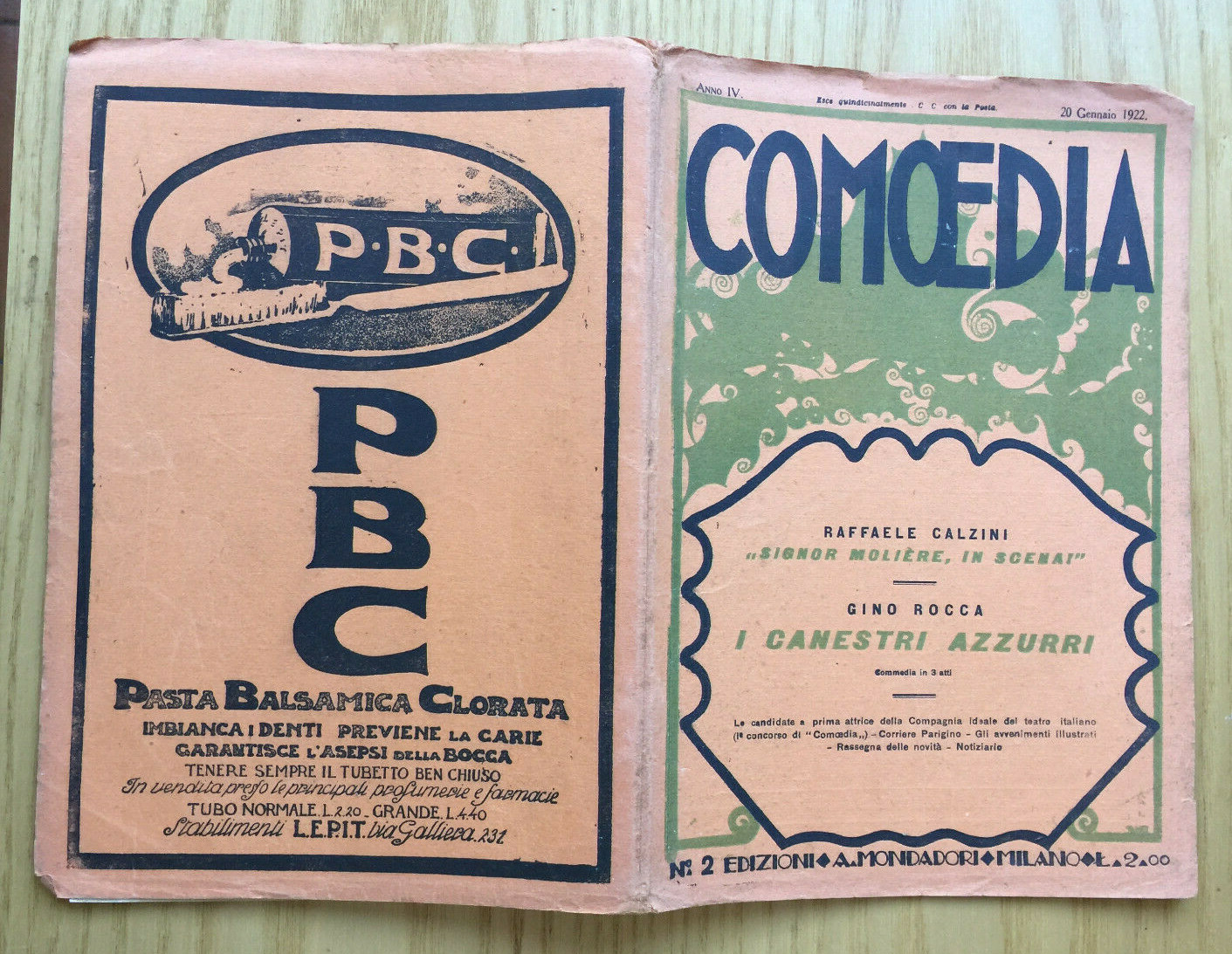 MONDADORI COMEDIA PERIODICO COMEDIA E VITA THEATRALE N° 2 1922 MOLIERE SOCKS
