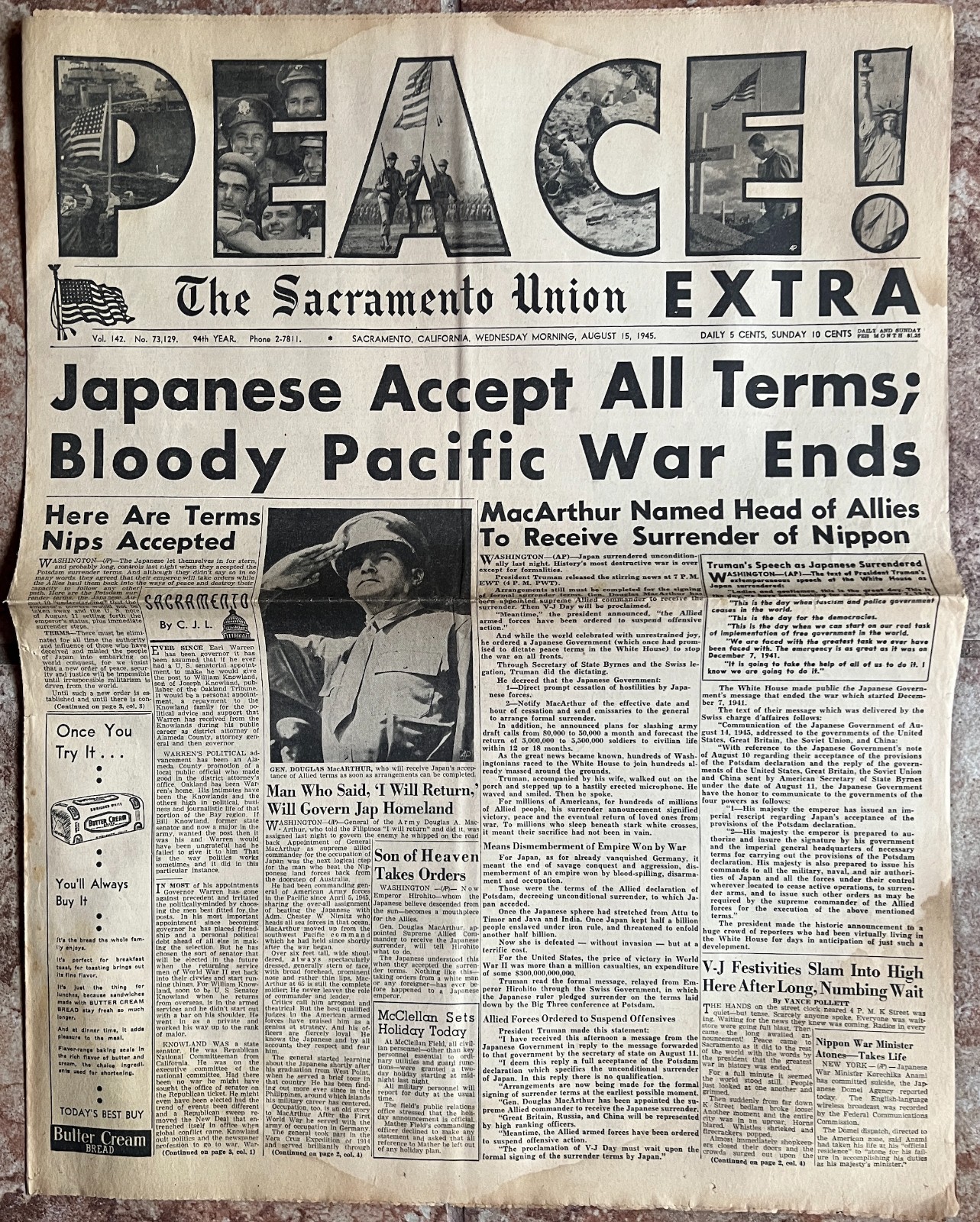 Sacramento Union EXTRA August 15, 1945 PEACE! Japanese Accept All Terms War Ends