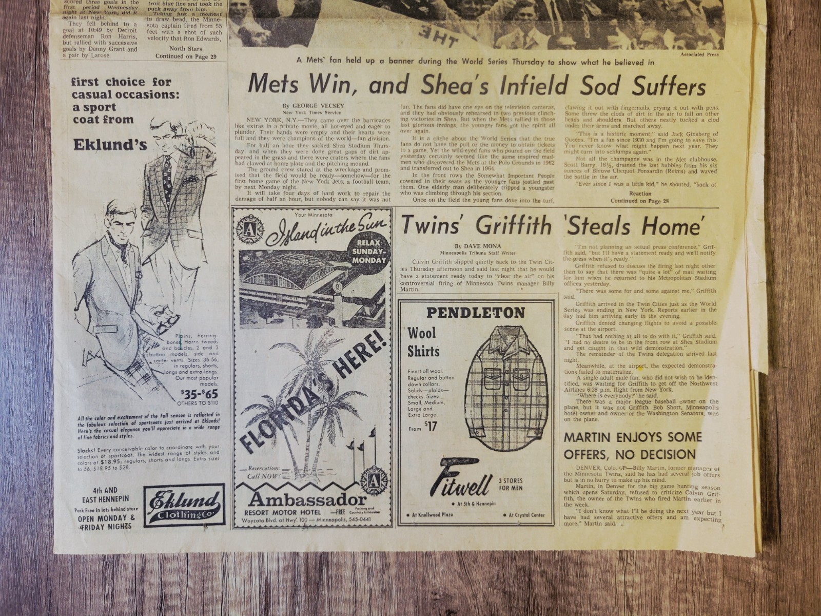 1969 Oct 17: Minneapolis Tribune Sports NY Mets Win World Series! MLB Baseball