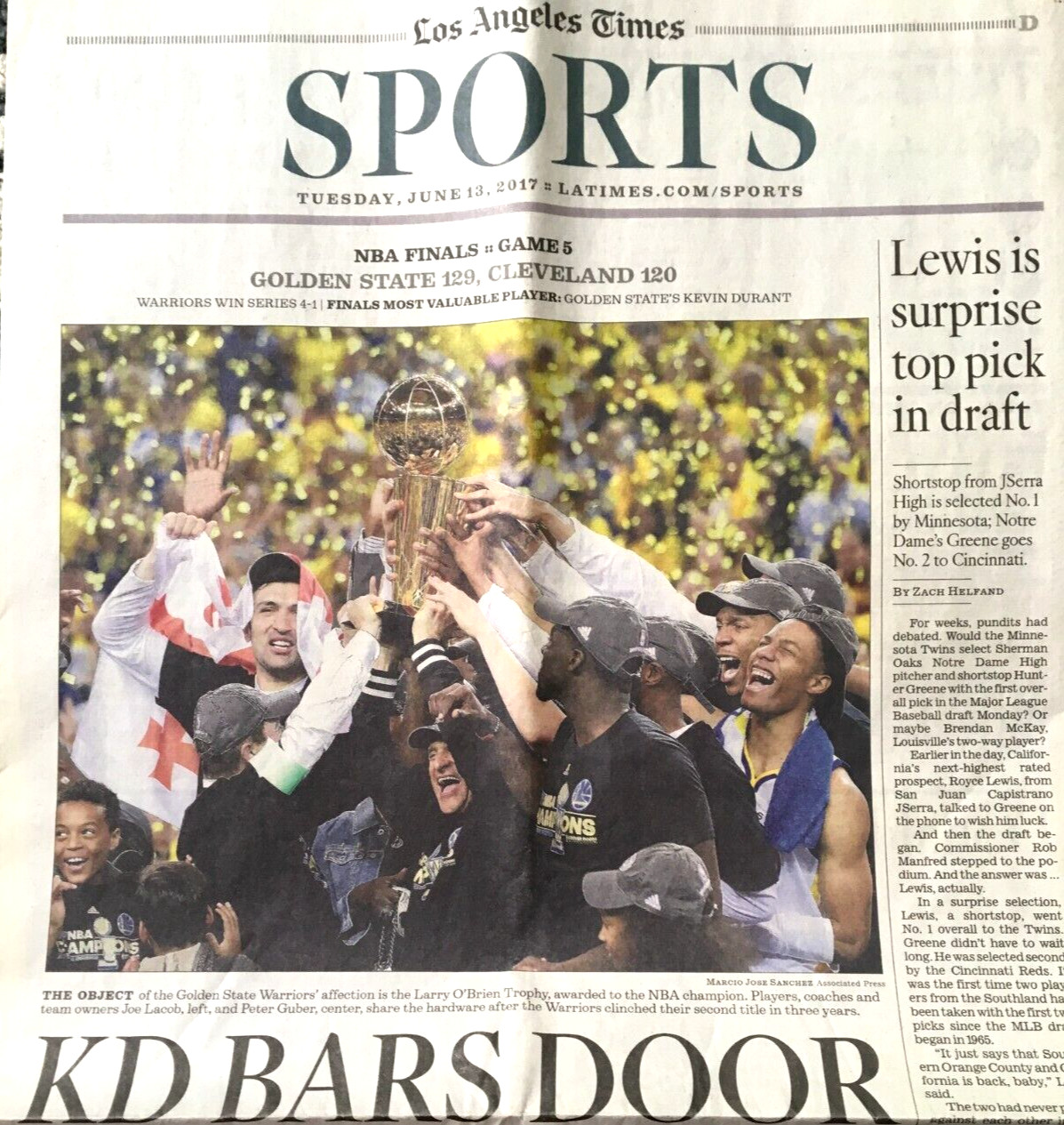 LOS ANGELES TIMES June 13 2017 NBA FINALS GAME 5 GOLDEN STATE WARRIORS CLEVELAND
