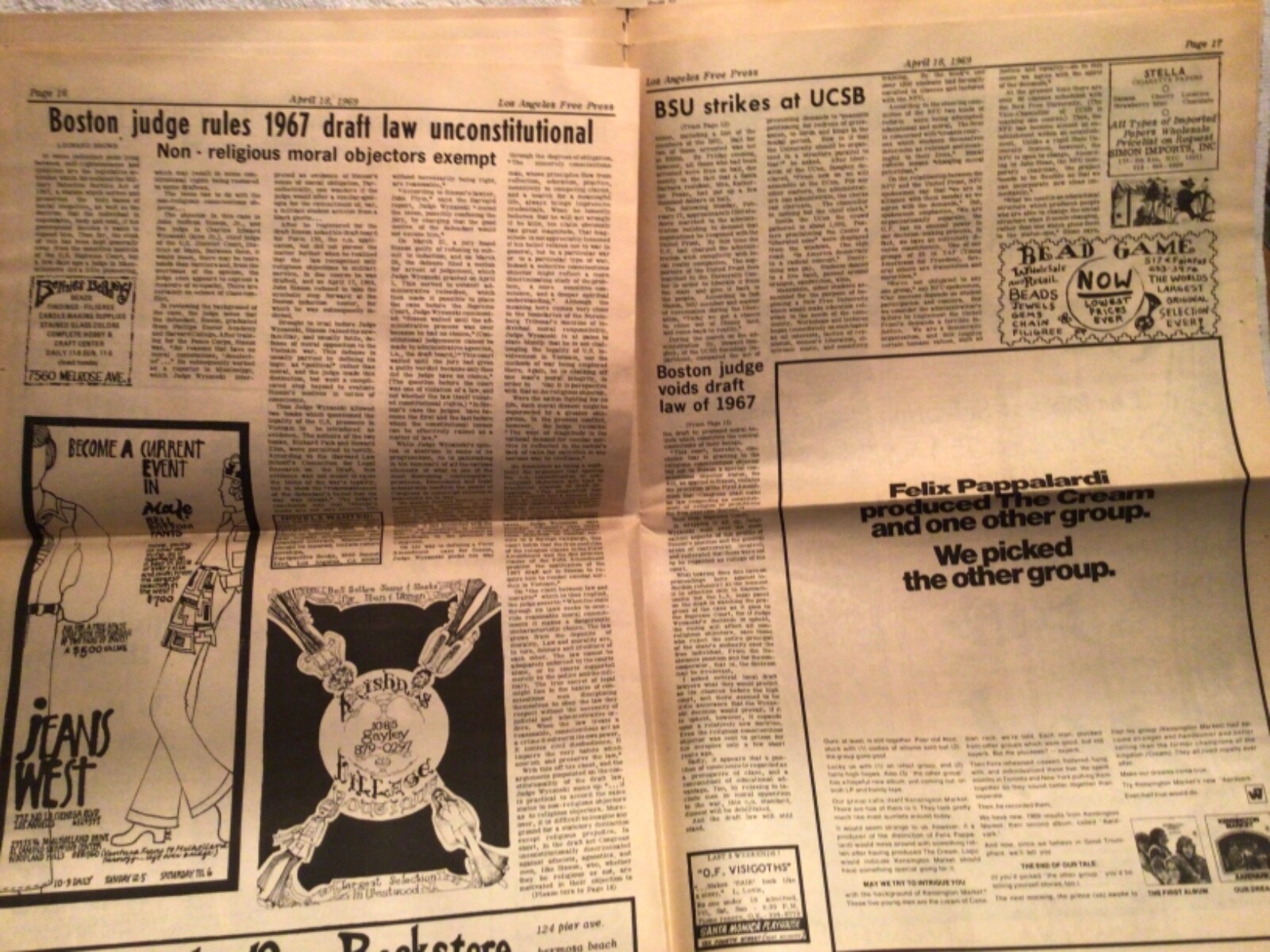Vtg. Los Angeles Free Press Underground Newspaper April 1969 Hippies Great Ads