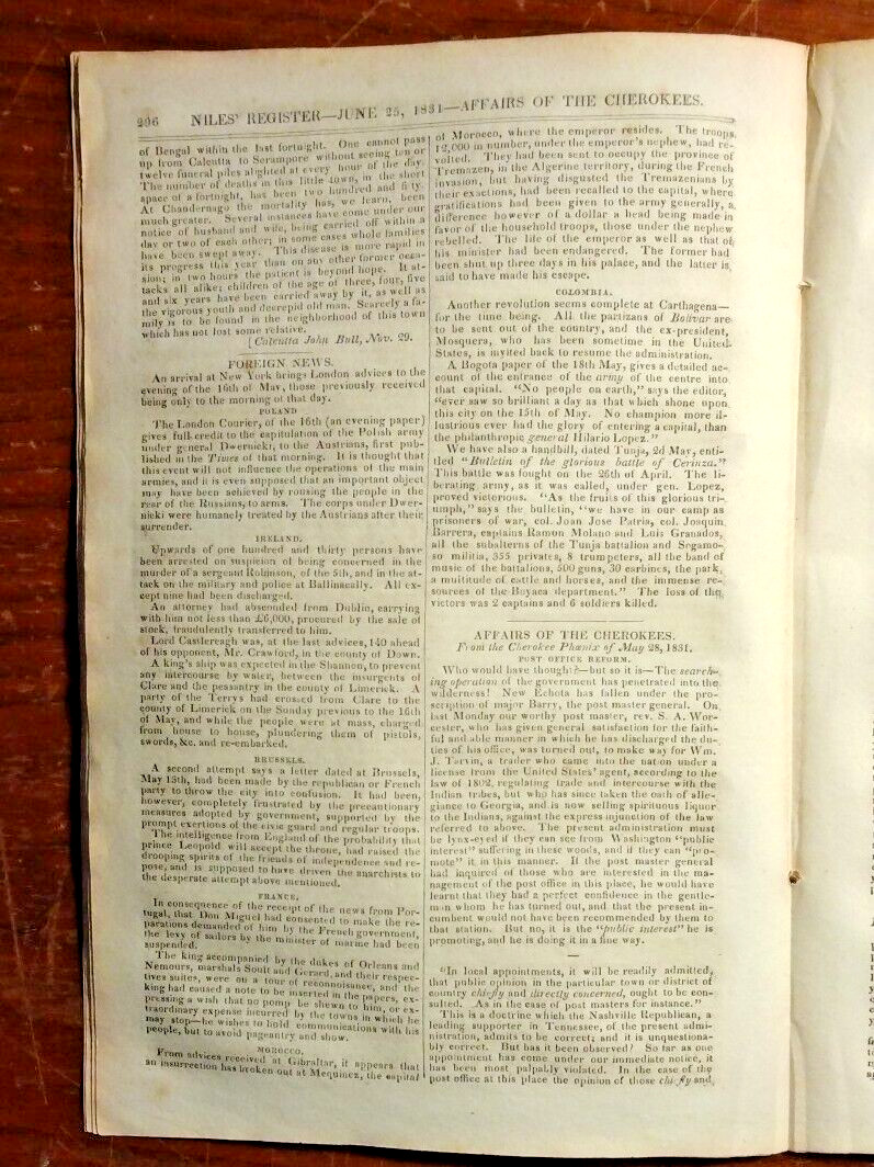 1831 Niles Weekly Newspaper – Cherokee & Creek Indian Affairs – US Cotton Trade