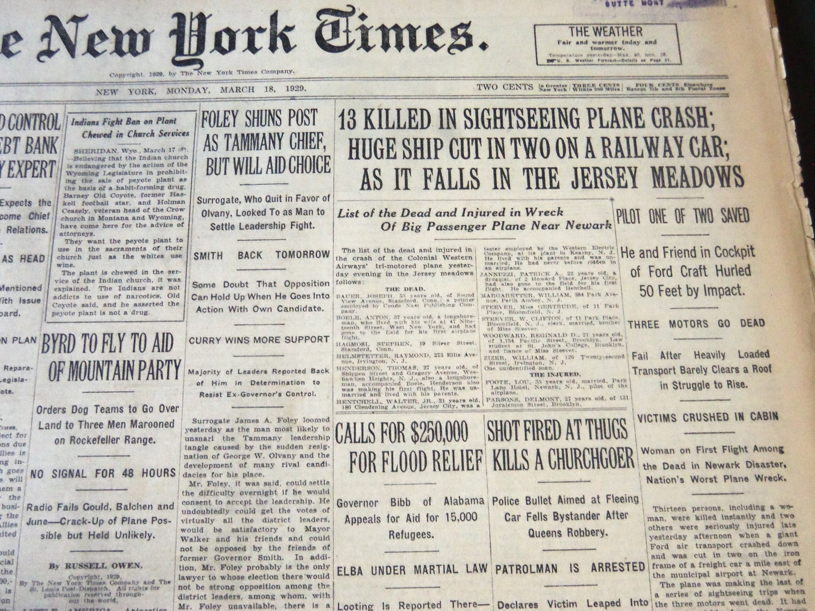 1929 MARCH 18 NEW YORK TIMES – 13 KILLED SIGHTSEEING PLANE CRASH – NT 6631