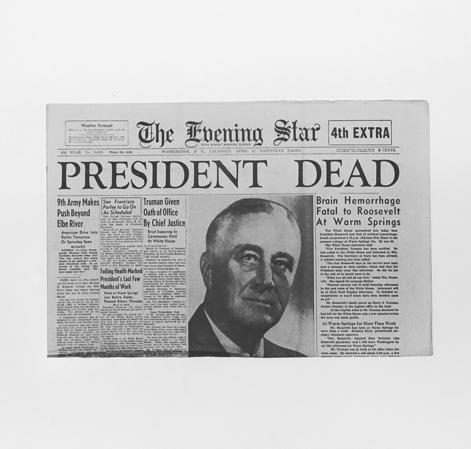 NEWSPAPER REPRINT – 1945 – Franklin D Roosevelt – President Dead