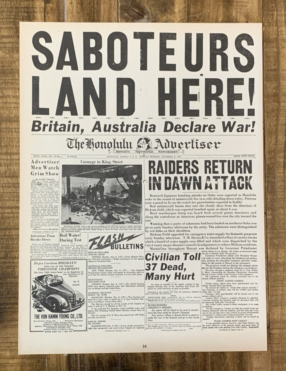 Honolulu Advertiser Saboteurs Land Here! Newspaper Front Page Headline 1941 #24