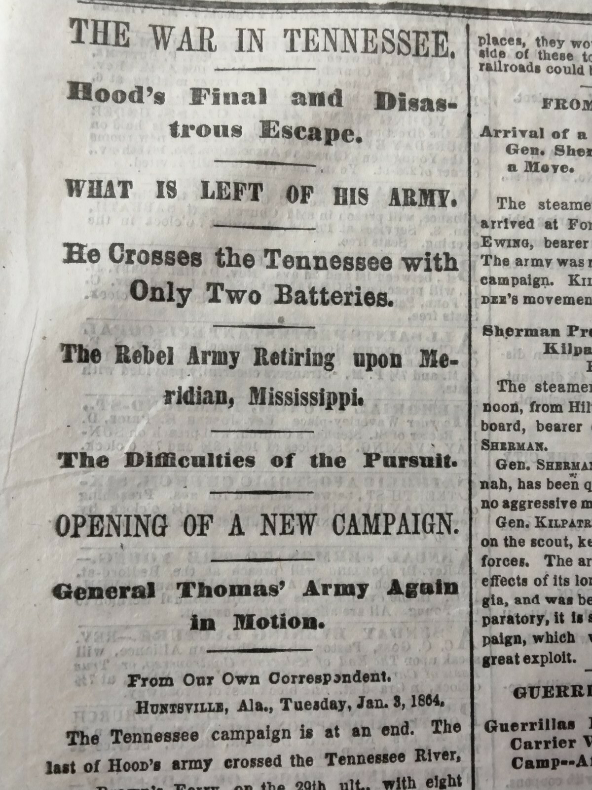 Civil War Newspapers-TENNESSEE-HOOD’S FINAL AND DISASTROUS ESCAPE,GEN PRICE DEAD