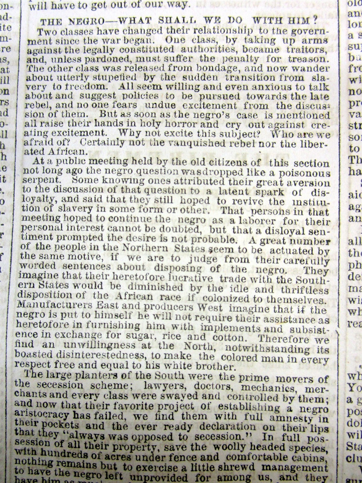 1865 newspaper w FATE of the FREED NEGR0 SLAVES in TENNESSEE after the Civil War